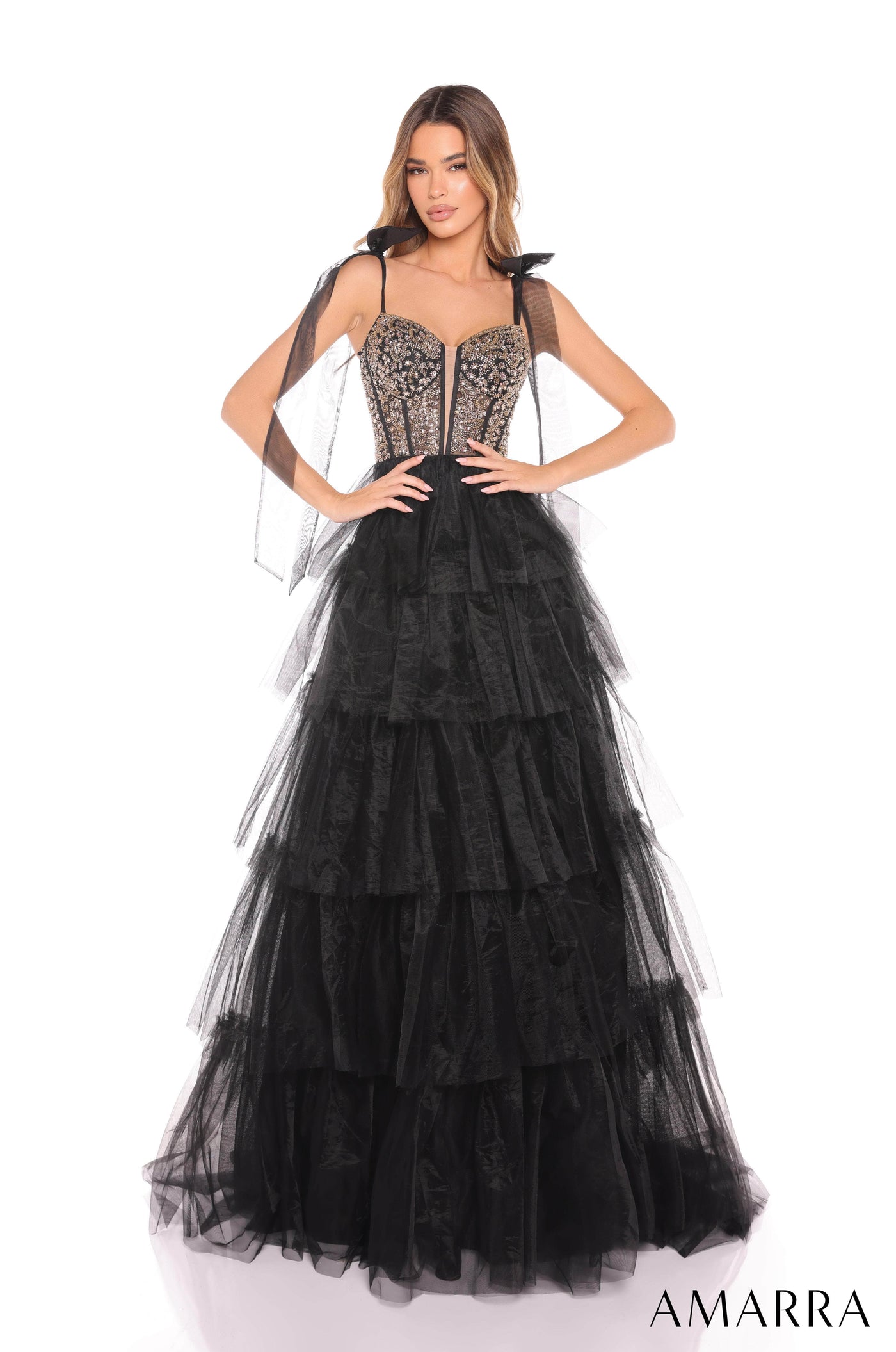 Amarra 88331 - Long Tulle A-line Dress - Tiered Ruffle Skirt, Beaded Corset Bodice, Ribbon Straps, Lace-Up Back ADASA Amarra 88331 - Long Tulle A-line Dress - Tiered Ruffle Skirt, Beaded Corset Bodice, Ribbon Straps, Lace-Up Back ADASA