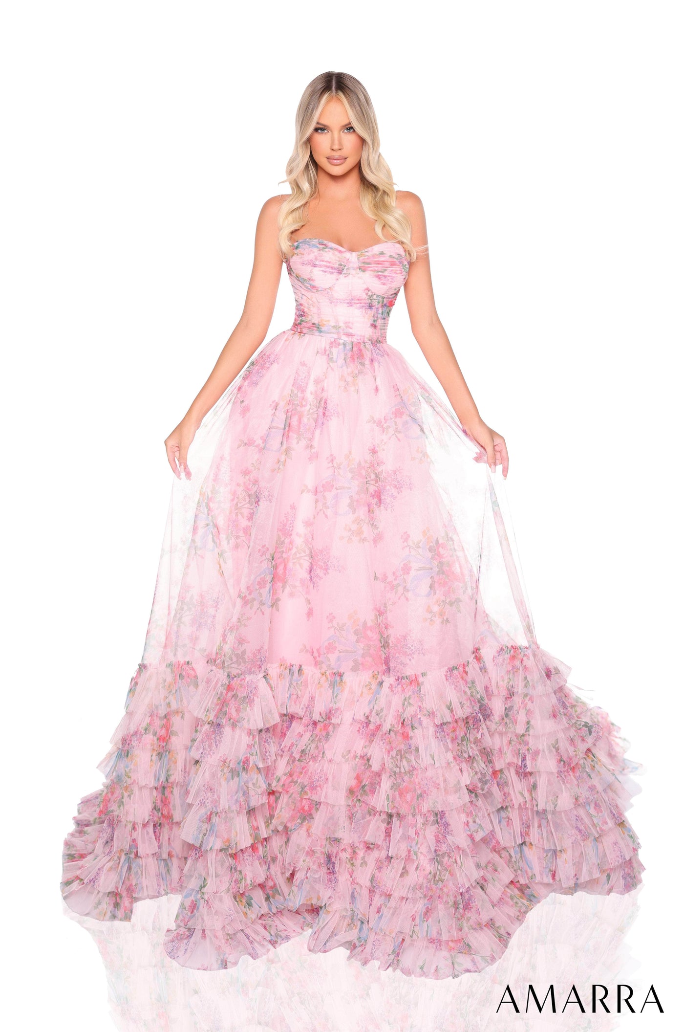 Amarra 88381 - Ruffled Hem Strapless Gown Prom Dresses 000 /  Blush/Multi