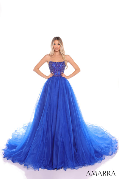 Amarra 88440 - Regal Beaded Straight Neck Ballgown Prom Dresses 000 /  Royal Blue