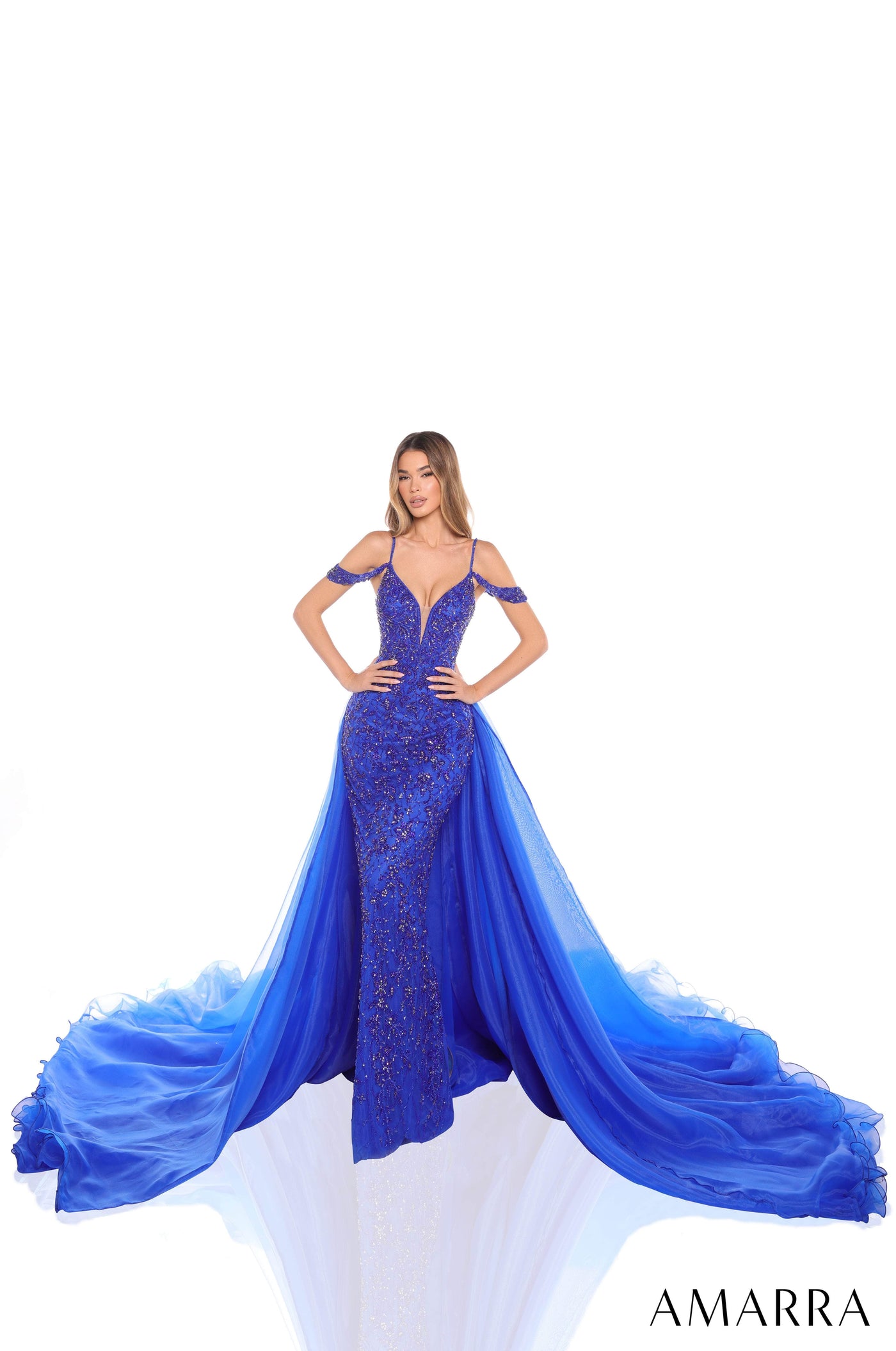 Amarra 88447 - Cold Shoulder Beaded Sheath Gown Prom Dresses 000 /  Royal Blue