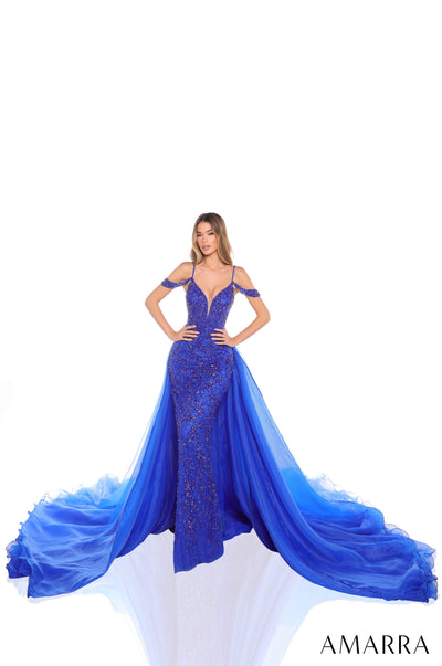Amarra 88447 - Cold Shoulder Beaded Sheath Gown Prom Dresses 000 /  Royal Blue