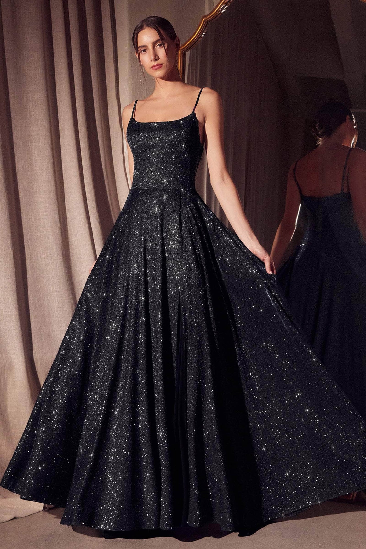 Amoris by Ladivine T213 - Spaghetti Strap Sparkle Evening Dress Prom Dresses XXXS /  Black