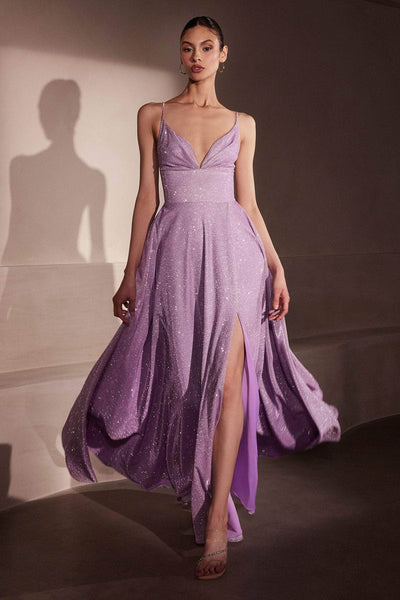 Amoris by Ladivine T214 - Lace-Up Open Back Glitter Gown Prom Dresses XXXS /  Lavender