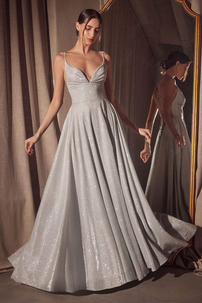 Amoris by Ladivine T214 - Lace-Up Open Back Glitter Gown Prom Dresses XXXS /  Silver