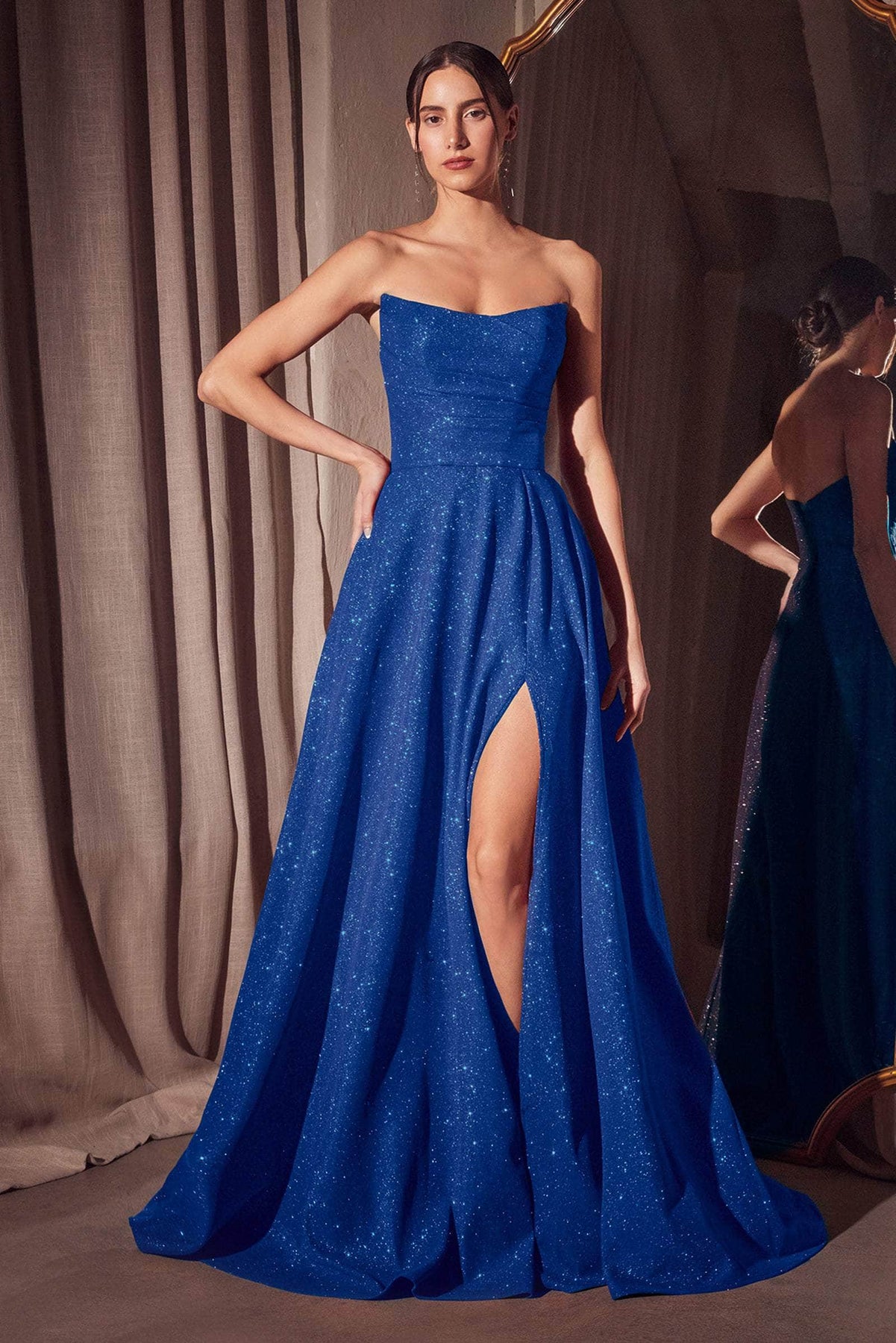 Amoris by Ladivine T701 - Strapless Glitter A-Line Evening Gown Prom Dresses XXS / Royal