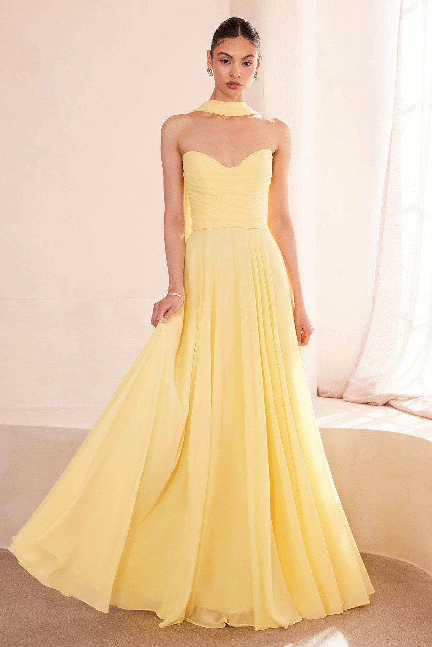 Amoris by Ladivine T703 - Strapless Lace-Up back A-Line Gown Prom Dresses XXXS /  Light Yellow