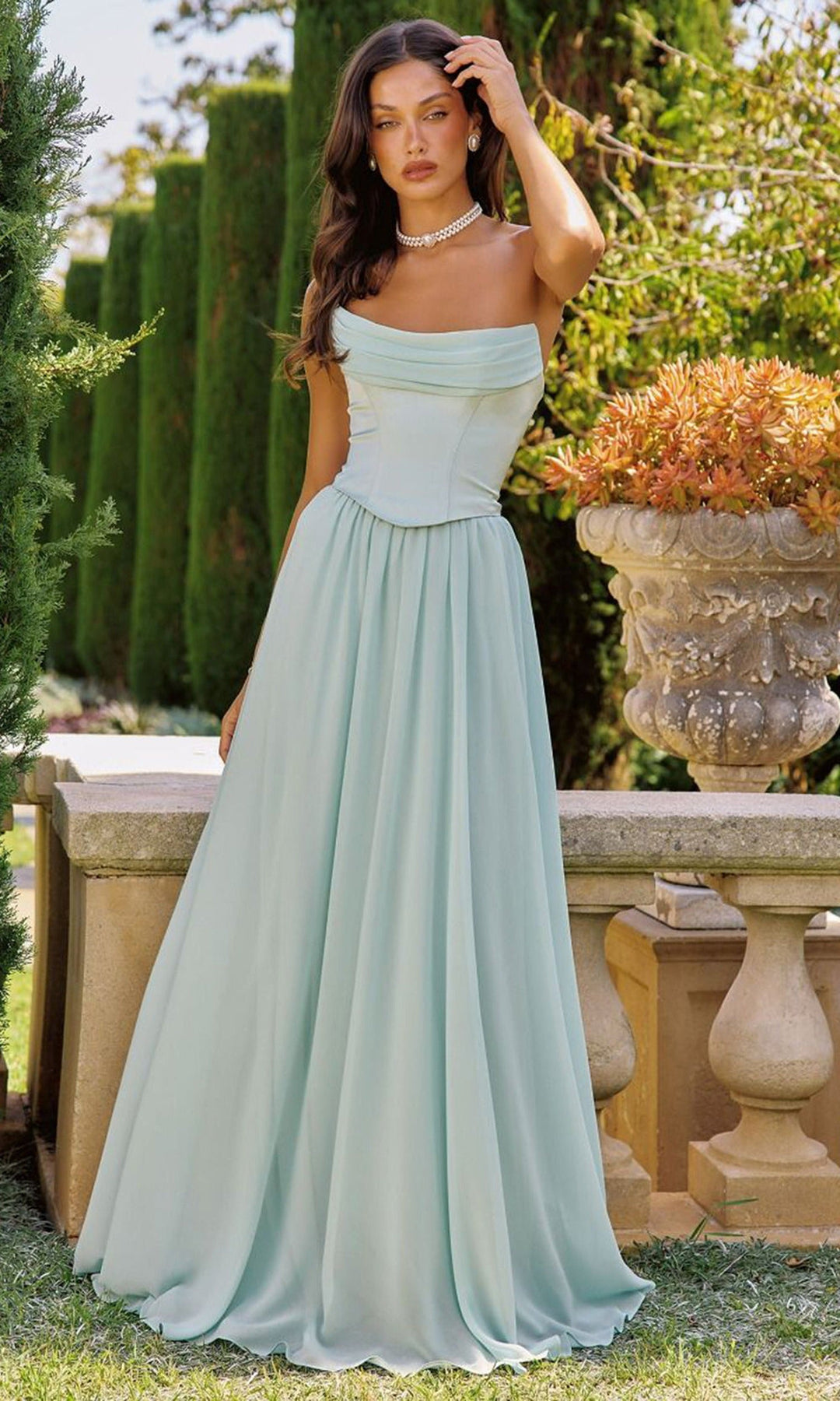 Amoris by Ladivine T741 - Lace-Up Back Gathered Long Dress