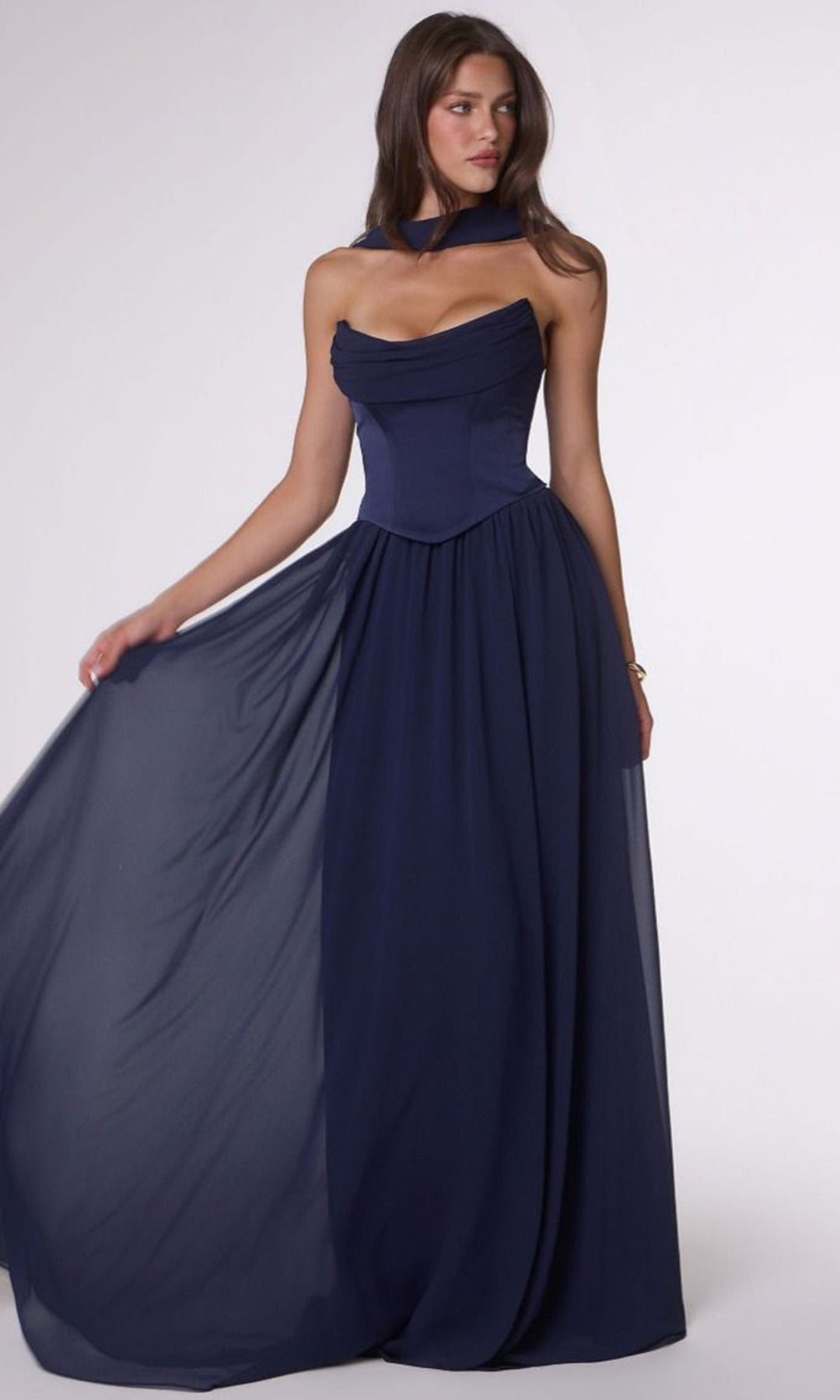 Amoris by Ladivine T741 - Lace-Up Back Gathered Long Dress