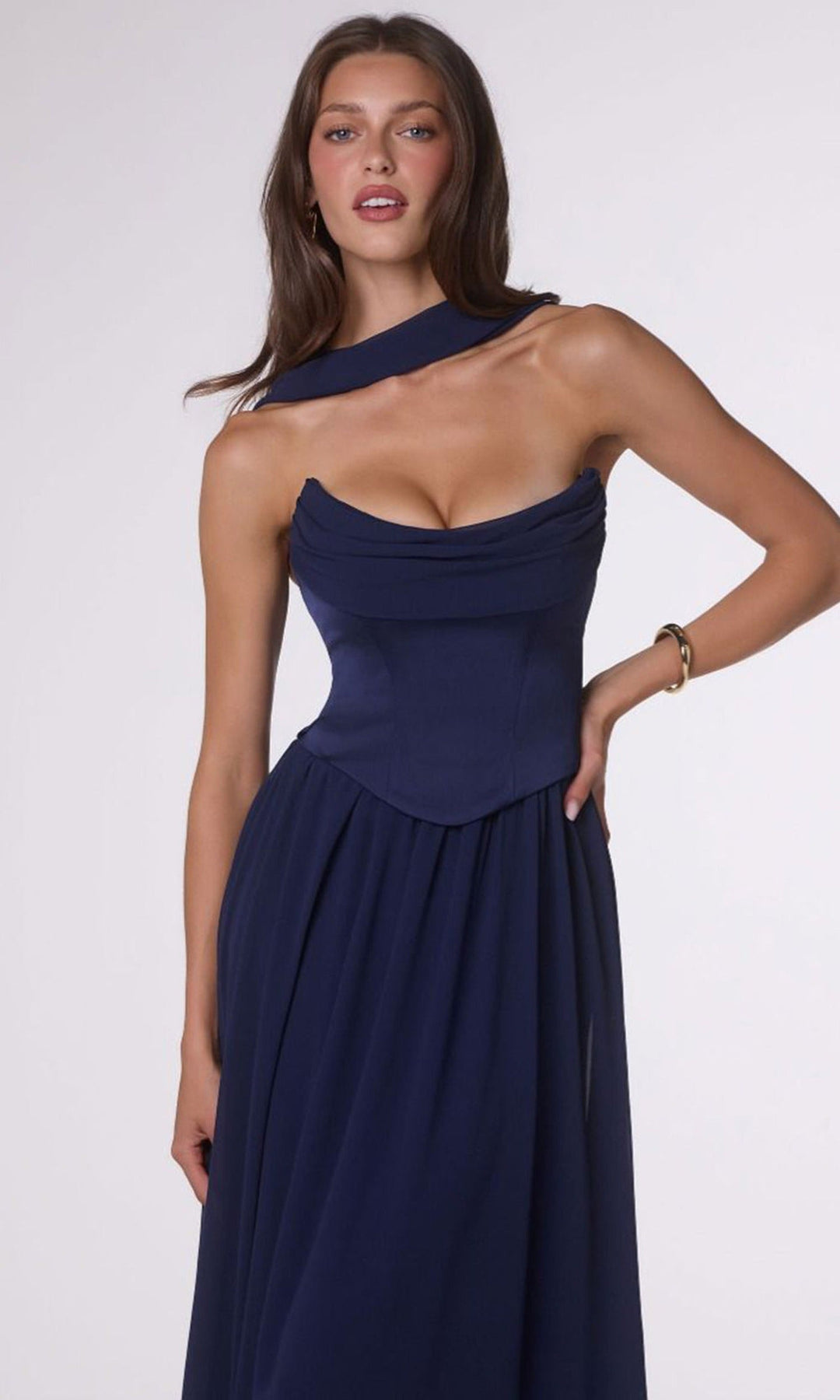 Amoris by Ladivine T741 - Lace-Up Back Gathered Long Dress