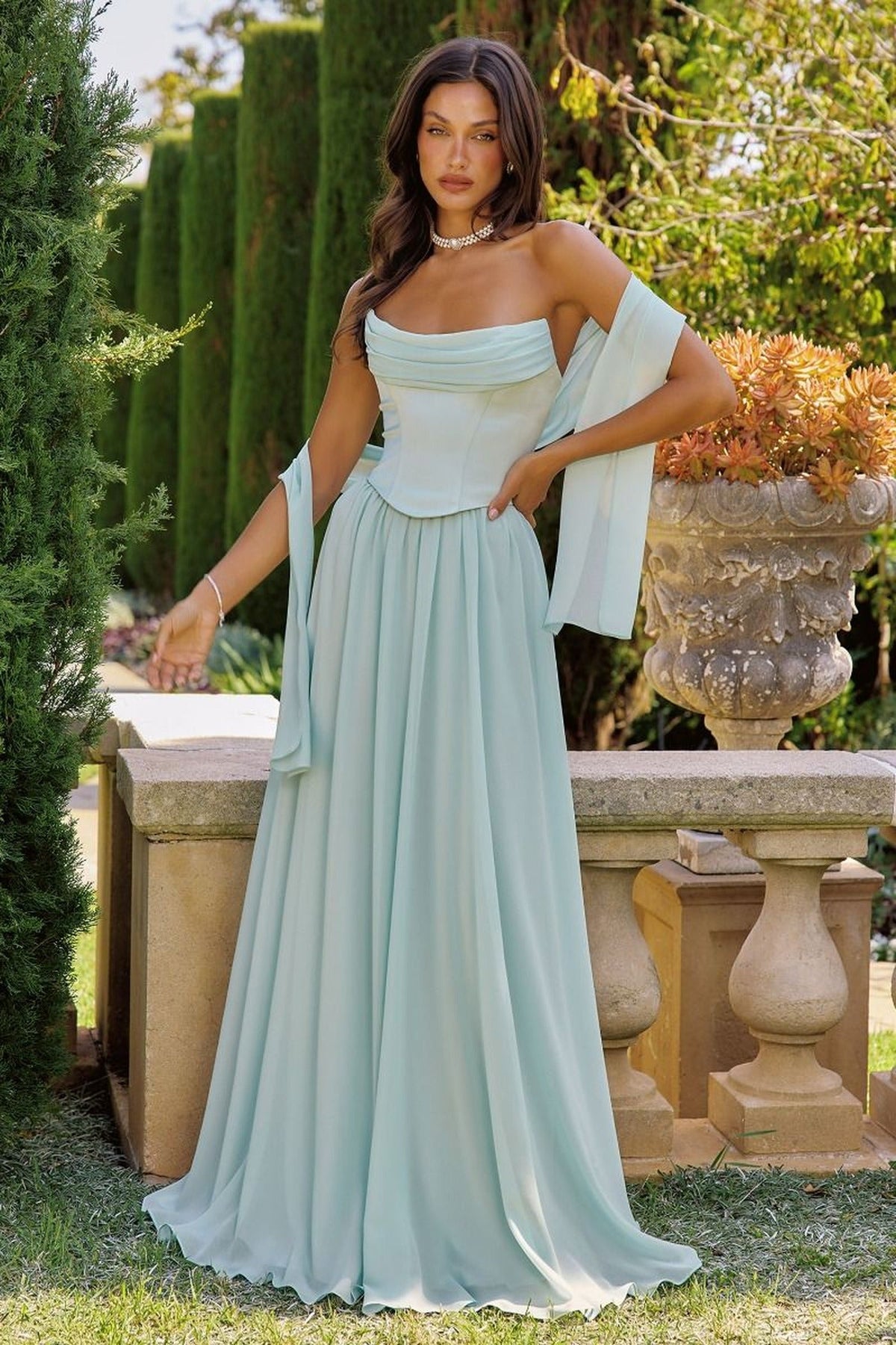 Amoris by Ladivine T741 - Lace-Up Back Gathered Long Dress