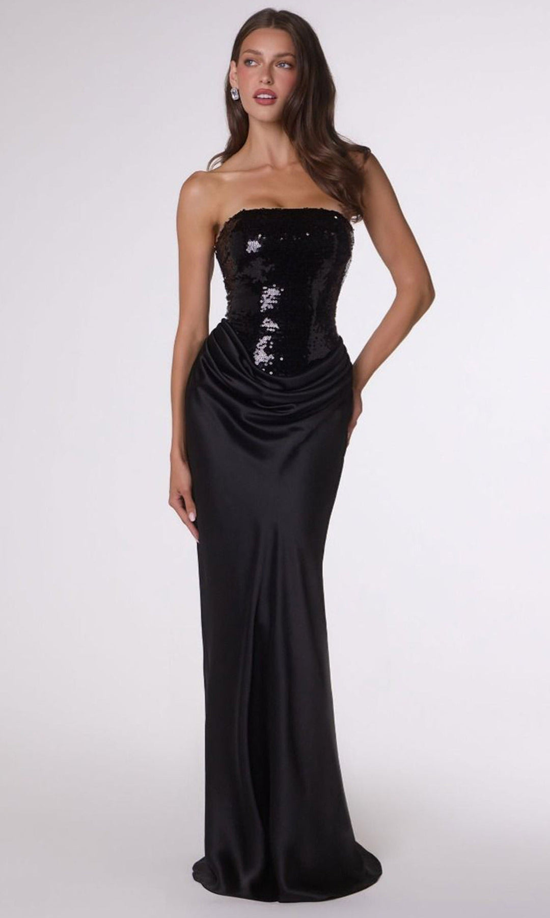 Amoris by Ladivine T744 - Draped Waist Lace-Up Back Long Dress