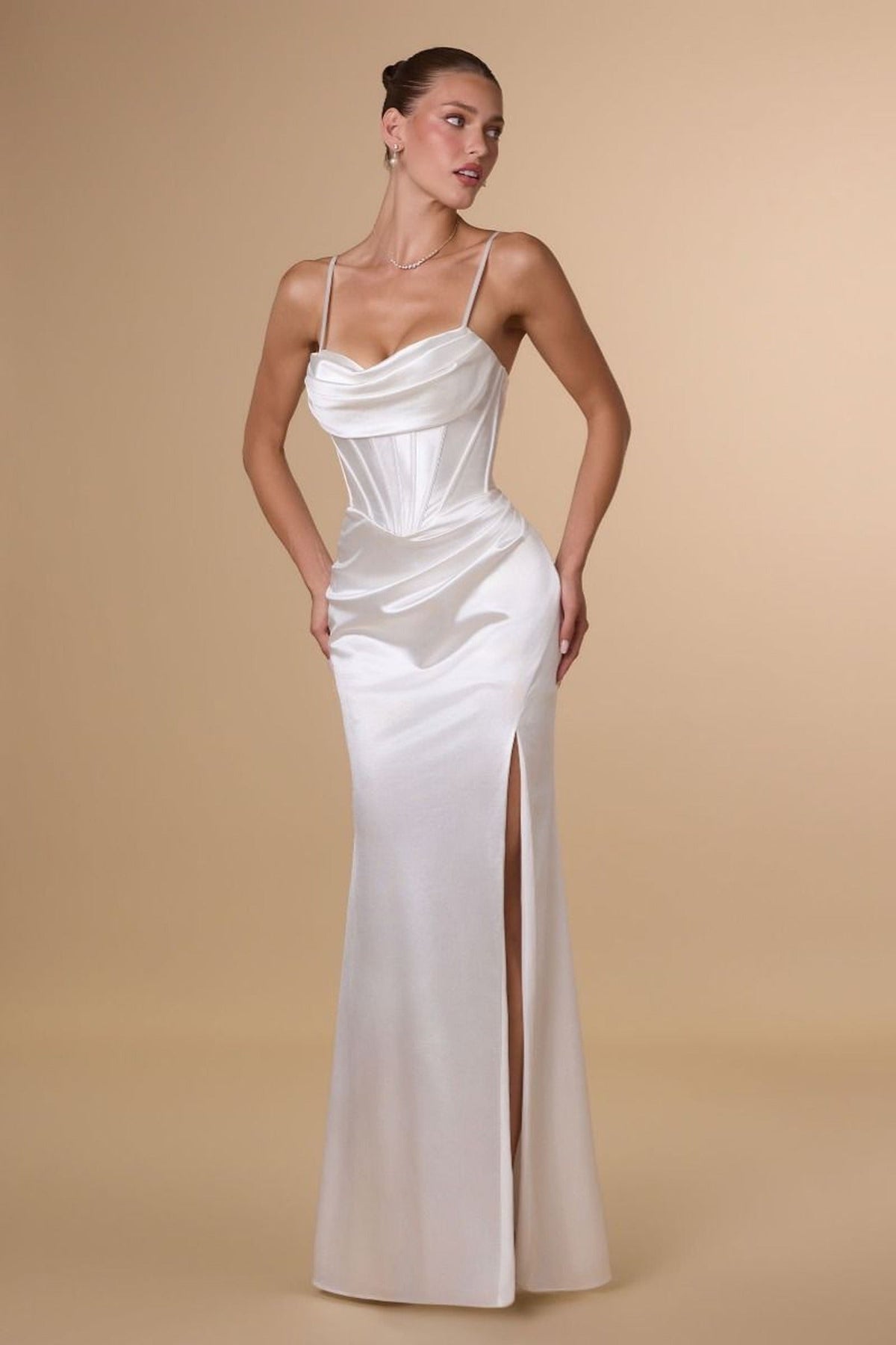Amoris by Ladivine T815W - Spaghetti Strap Sheath Bridal Dress with Slit