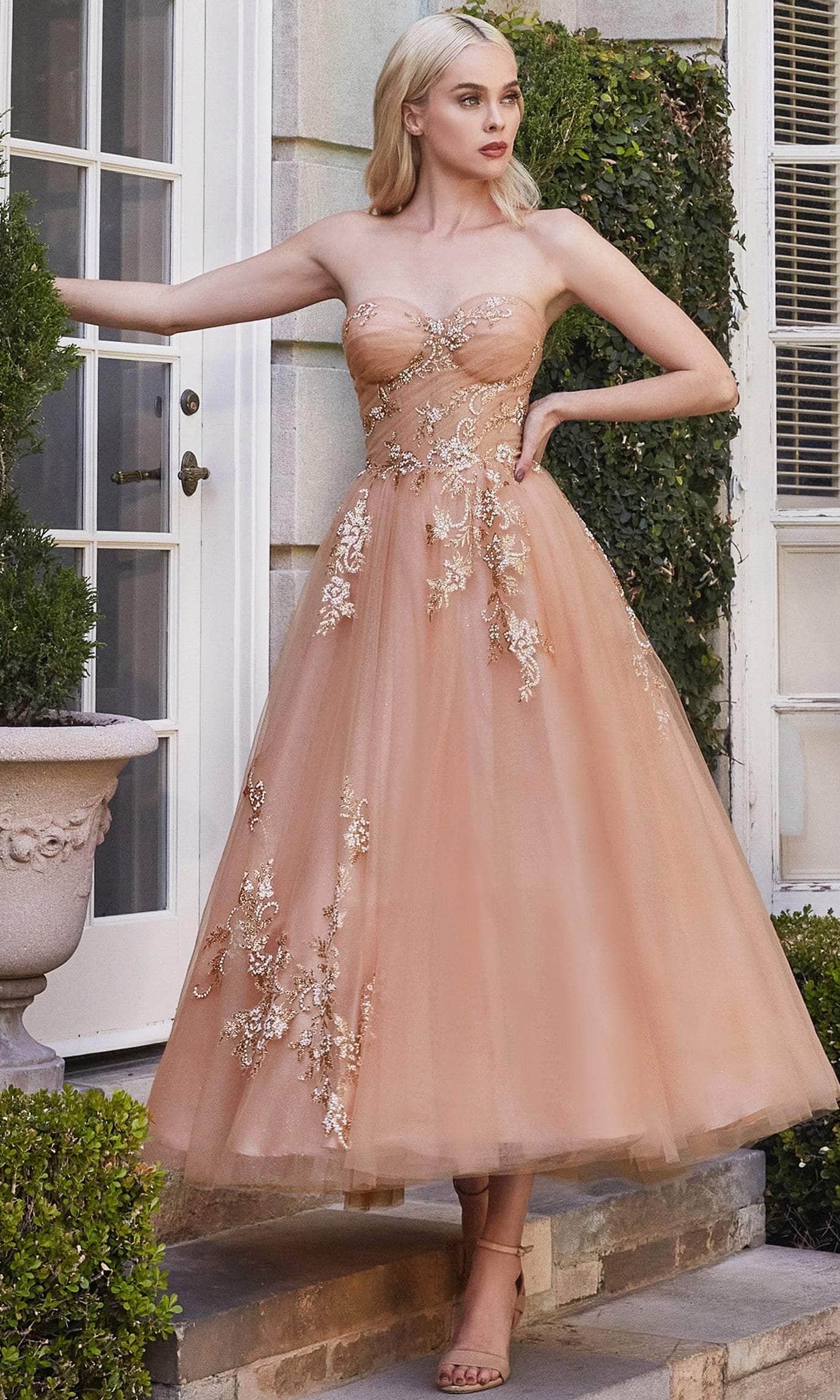 Andrea and Leo A1114 - Tea Length Tulle A-Line Dress Prom Dresses 2 / Rose Gold