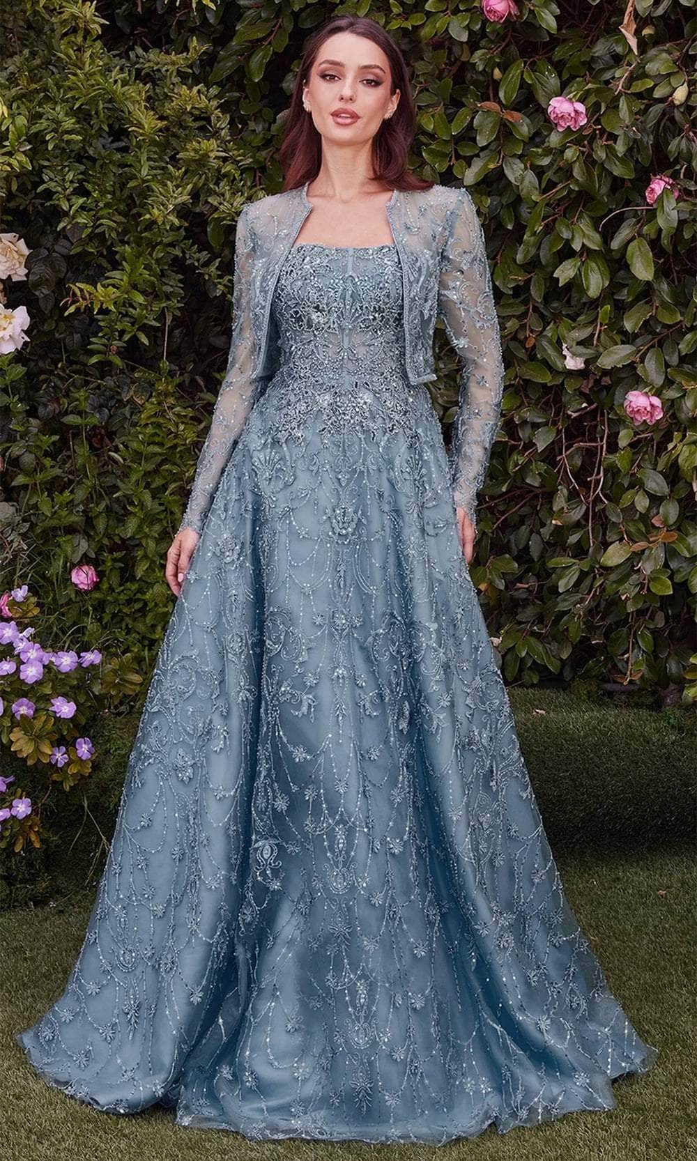 Andrea and Leo MA104 - Long Tulle A-Line Dress - Long Sleeve Bolero, Embroidered, Beaded, Midrise Back, Train ADASA Andrea and Leo MA104 - Long Tulle A-Line Dress - Long Sleeve Bolero, Embroidered, Beaded, Midrise Back, Train ADASA