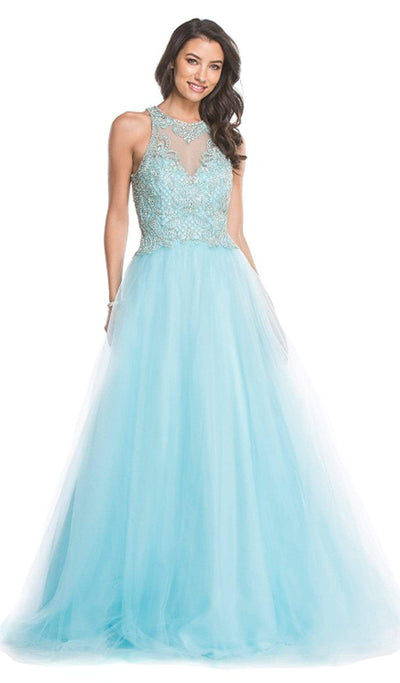 Applique Halter Neck Evening Ballgown Dress XXS / Aqua