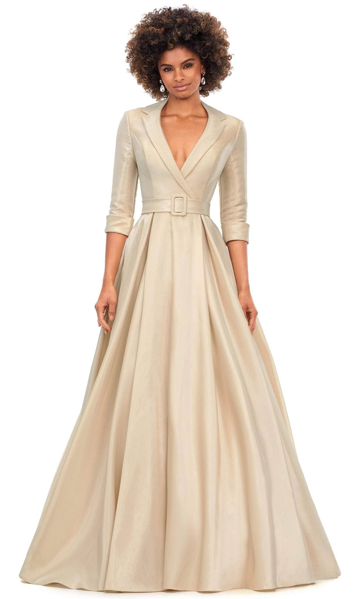 Ashley Lauren 11326 - Quarter Sleeves Satin Ballgown Special Occasion Dress 0 / Champagne