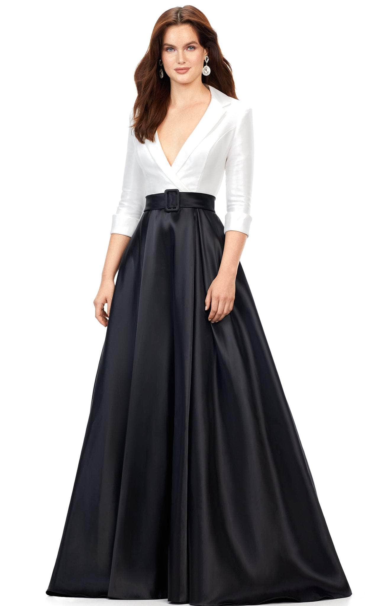 Ashley Lauren 11326 - Quarter Sleeves Satin Ballgown Special Occasion Dress 0 / Ivory/Black