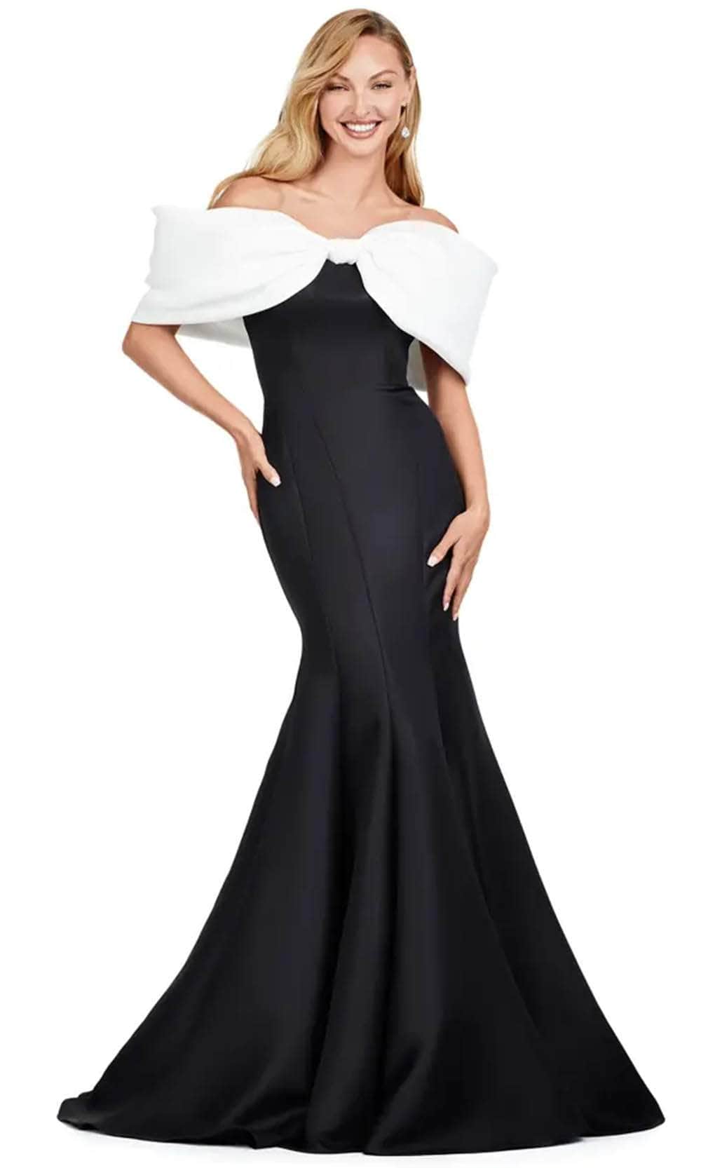 Ashley Lauren 11413 - Bow Accent Satin Mermaid Gown Evening Dresses 0 / Ivory/Black
