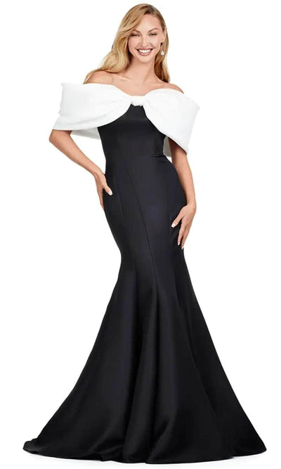 Ashley Lauren 11413 - Bow Accent Satin Mermaid Gown Evening Dresses 0 / Ivory/Black