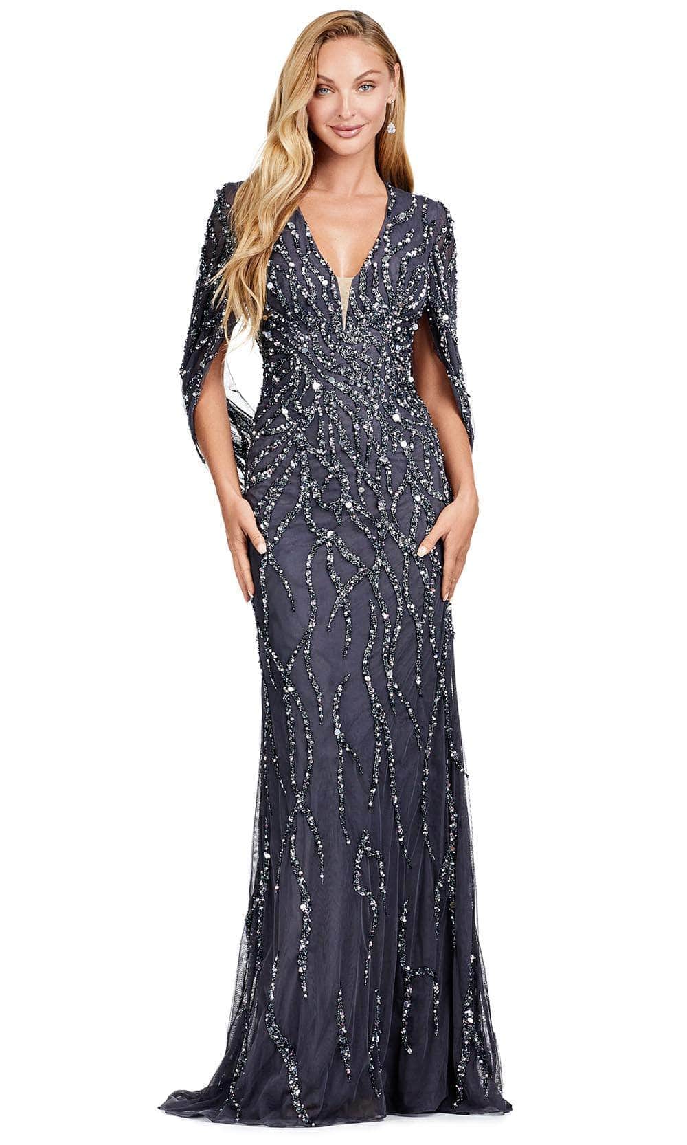 Ashley Lauren 11430 - Cape Sleeve Beaded Evening Gown Prom Dresses 0 / Charcoal