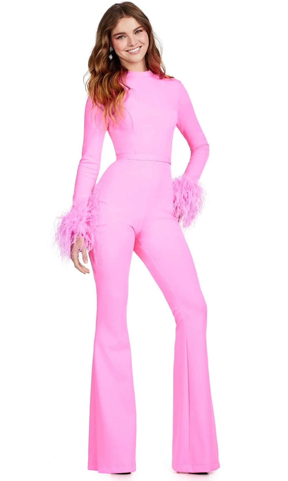 Ashley Lauren 11441 - Feathered Sleeve Jumpsuit Formal Pantsuits 00 / Hot Pink