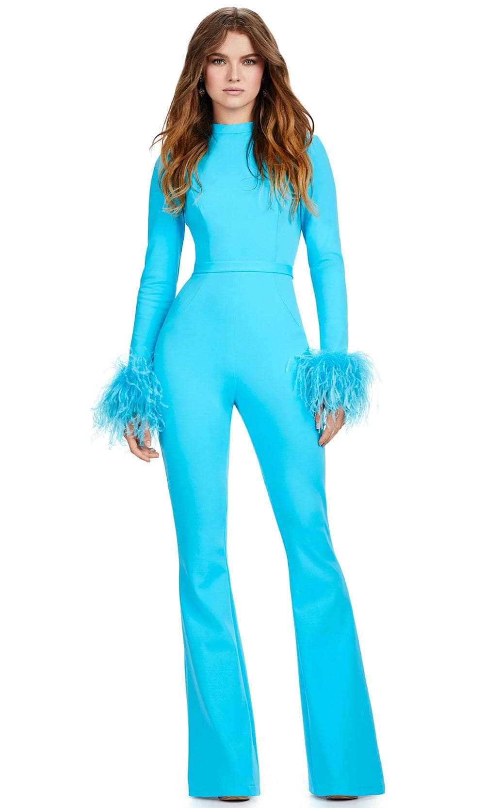 Ashley Lauren 11441 - Feathered Sleeve Jumpsuit Formal Pantsuits 00 / Turquoise