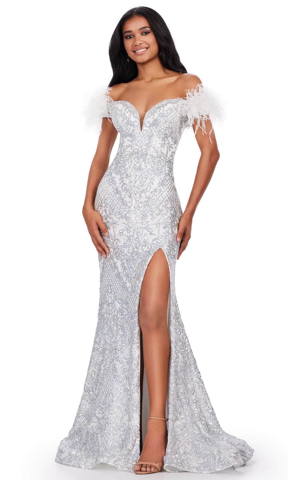 Ashley Lauren 11463 - Feather Sleeve Sequin Prom Dress Prom Dresses 00 / Silver/Ivory