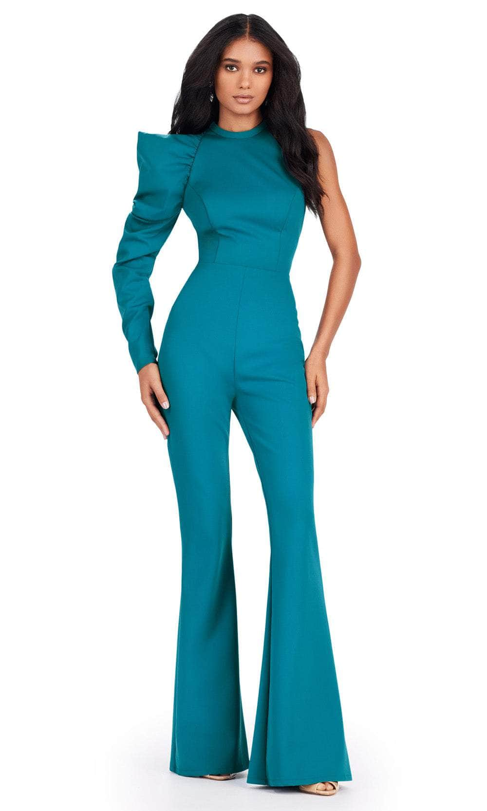 Ashley Lauren 11531 - Puff Sleeve High Neck Jumpsuit Formal Pantsuits 0 / Teal