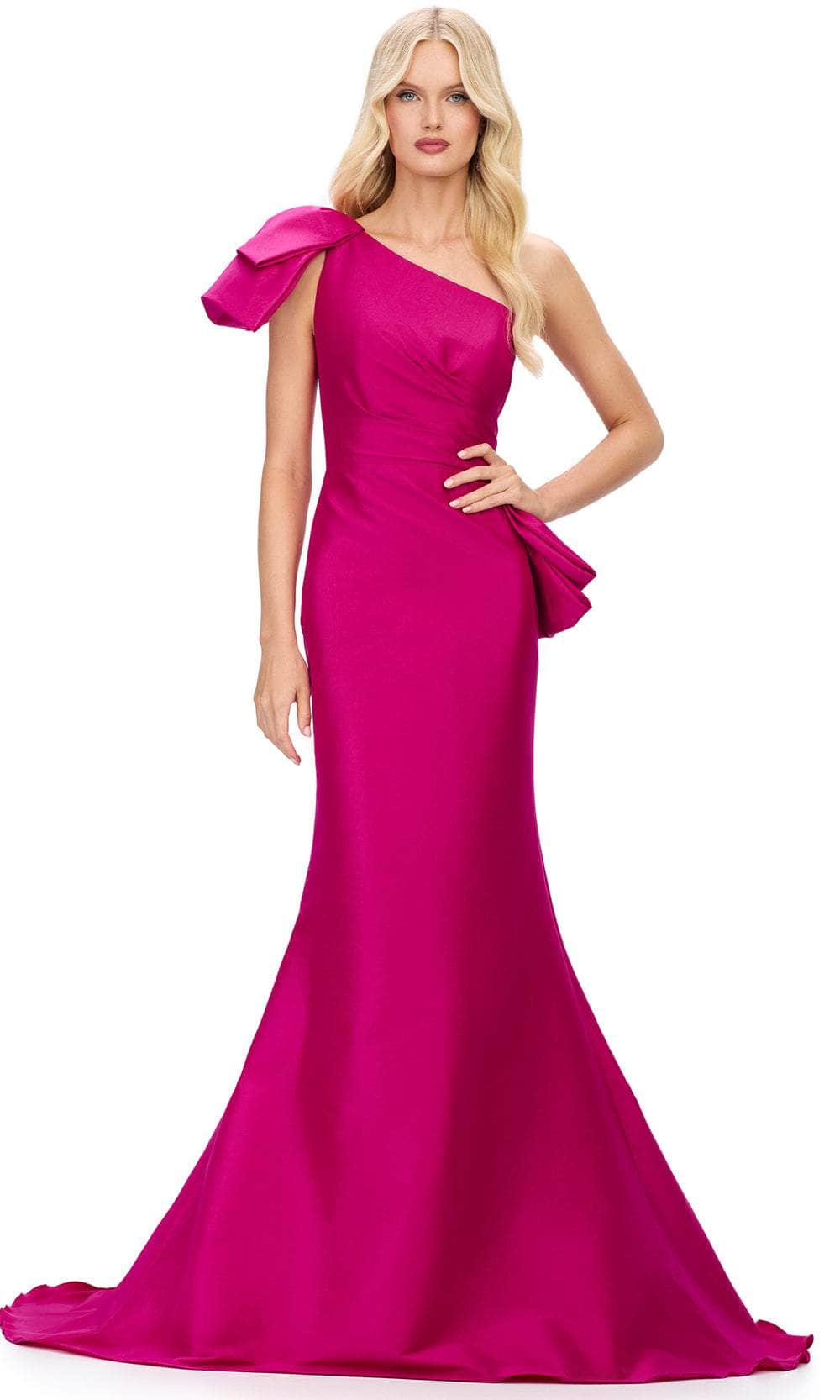 Ashley Lauren 11722 - Asymmetric Neck Peplum Evening Gown Evening Dresses 0 / Fuchsia