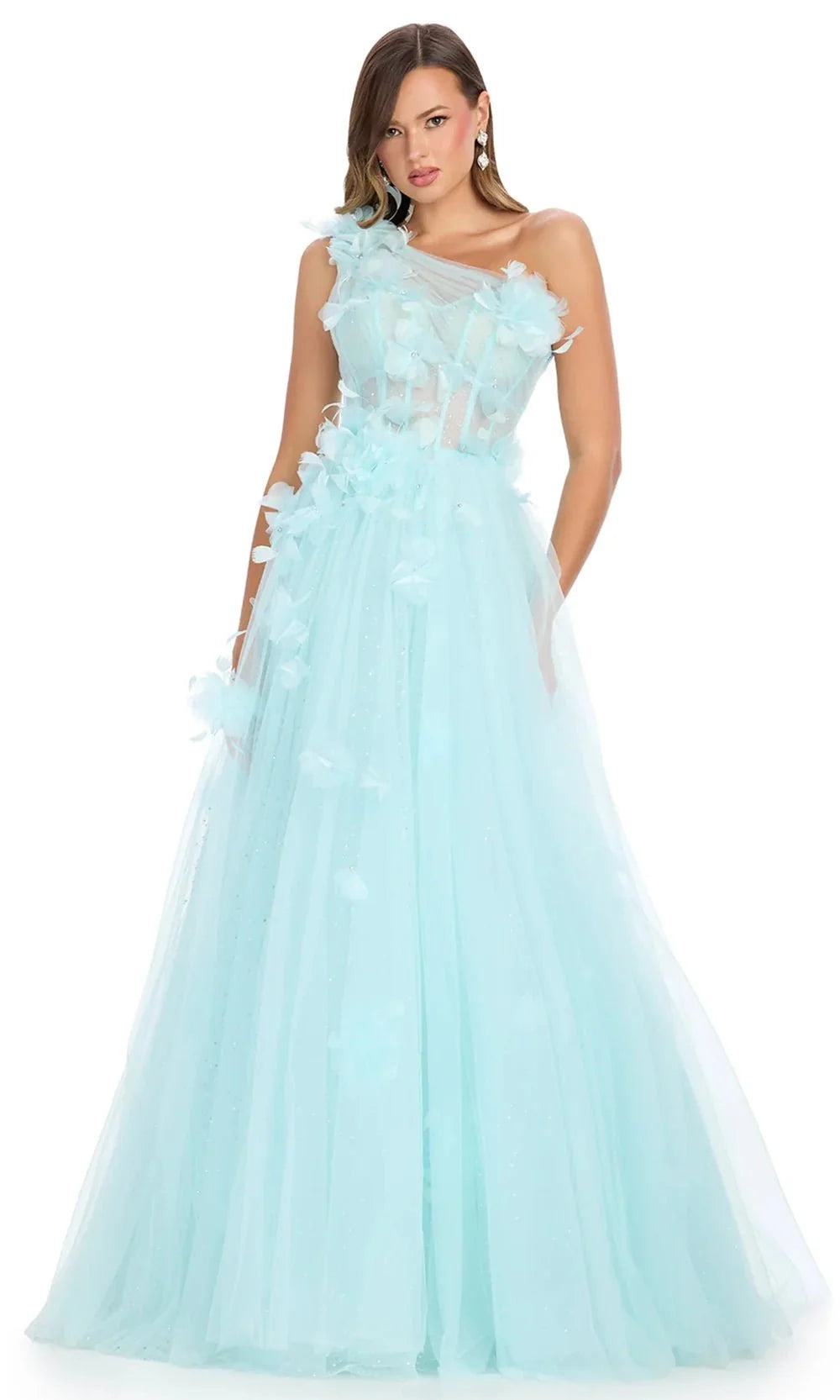Ashley Lauren 11843 - Asymmetric Glitter Tulle Prom Gown Evening Dress