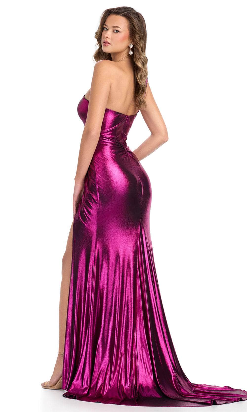 Ashley Lauren 11896 - Long Metallic Jersey Sheath Dress - One Shoulder, Ruched, High Slit, Wrap Skirt, Mid-Open Back, Sweep Train, Fitted Bodice ADASA Ashley Lauren 11896 - Long Metallic Jersey Sheath Dress - One Shoulder, Ruched, High Slit, Wrap Skirt, Mid-Open Back, Sweep Train, Fitted Bodice ADASA
