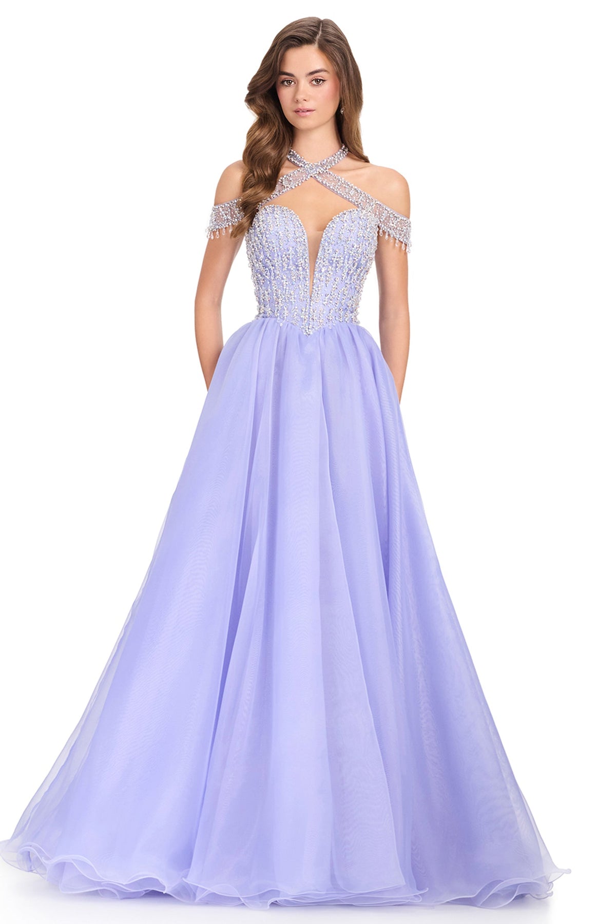 Ashley Lauren 12393 - Off Shoulder Fringe Sleeve Organza Prom Gown