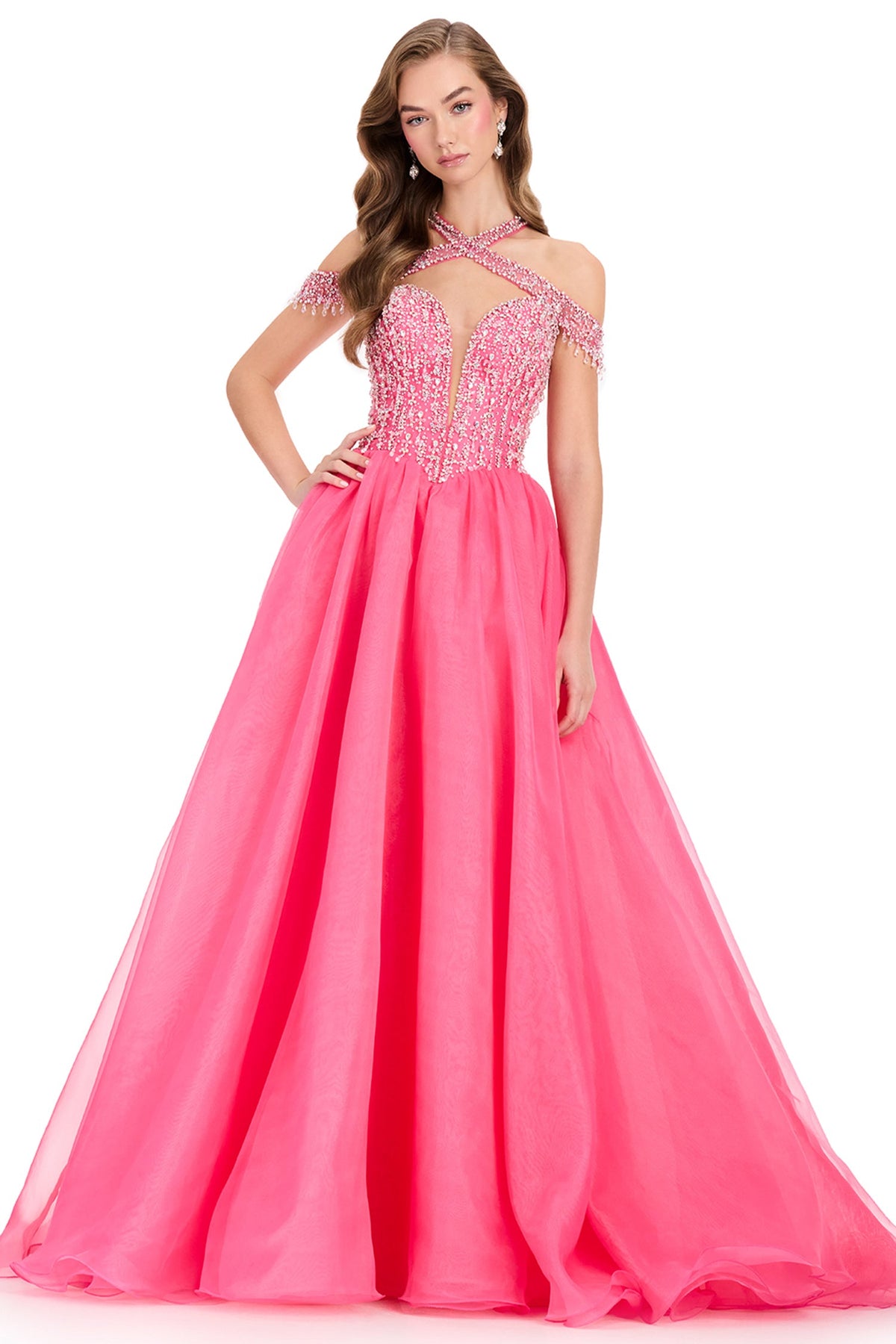 Ashley Lauren 12393 - Off Shoulder Fringe Sleeve Organza Prom Gown