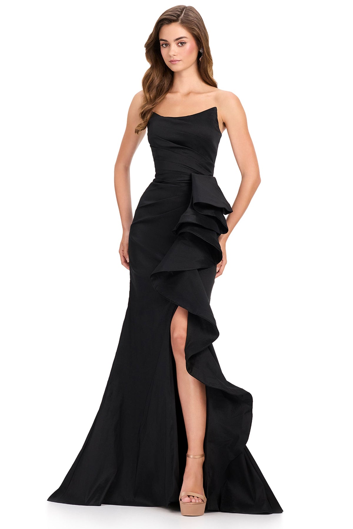 Ashley Lauren 12408 - Ruffle Detail Mermaid High Slit Prom Gown