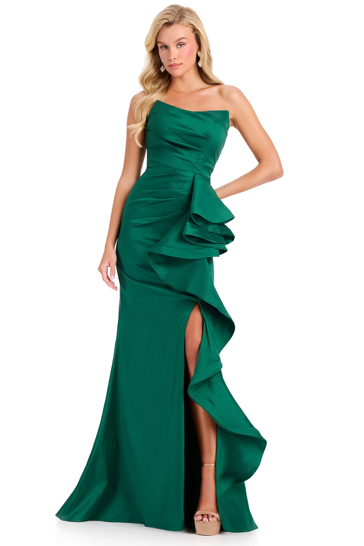 Ashley Lauren 12408 - Ruffle Detail Mermaid High Slit Prom Gown
