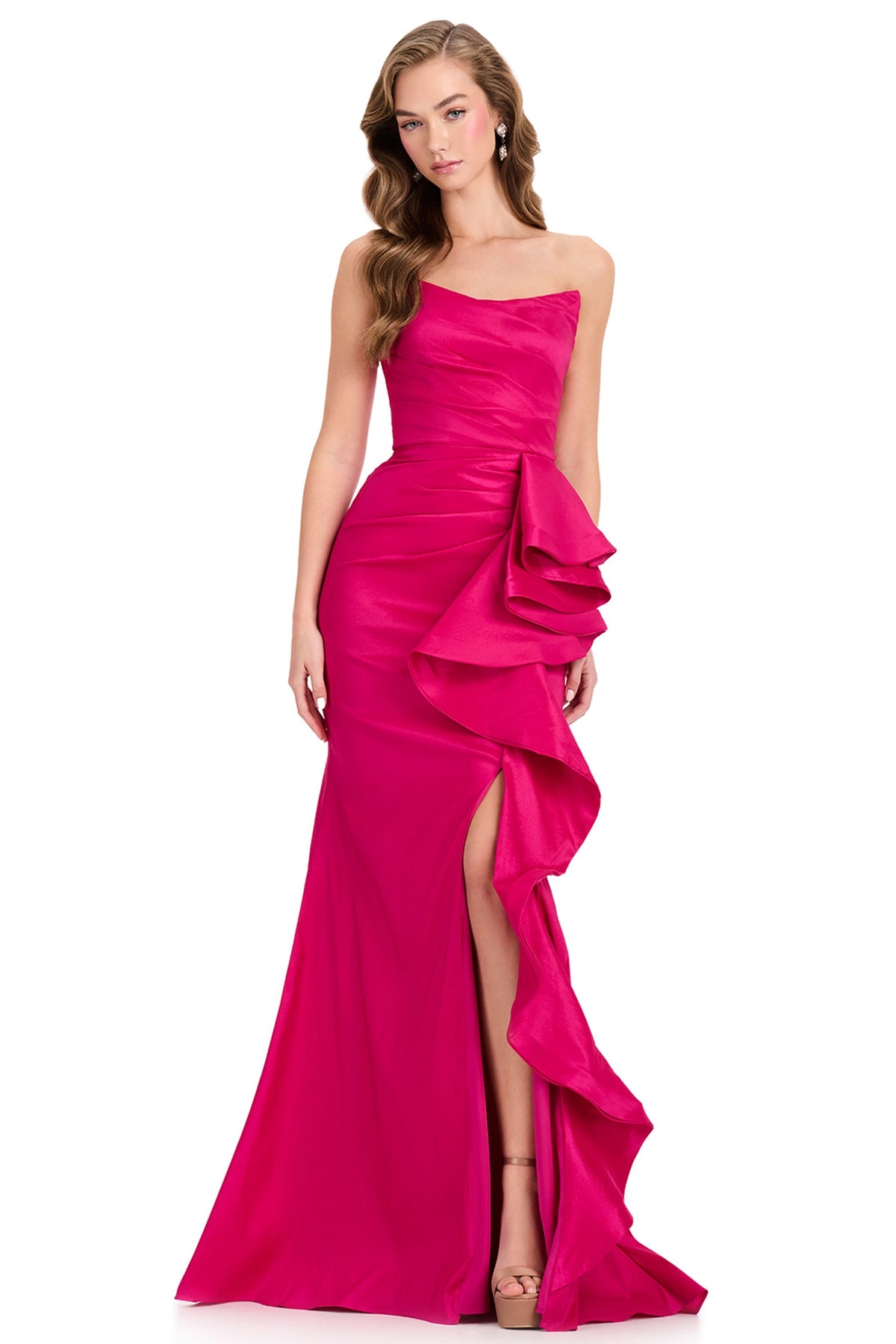 Ashley Lauren 12408 - Ruffle Detail Mermaid High Slit Prom Gown