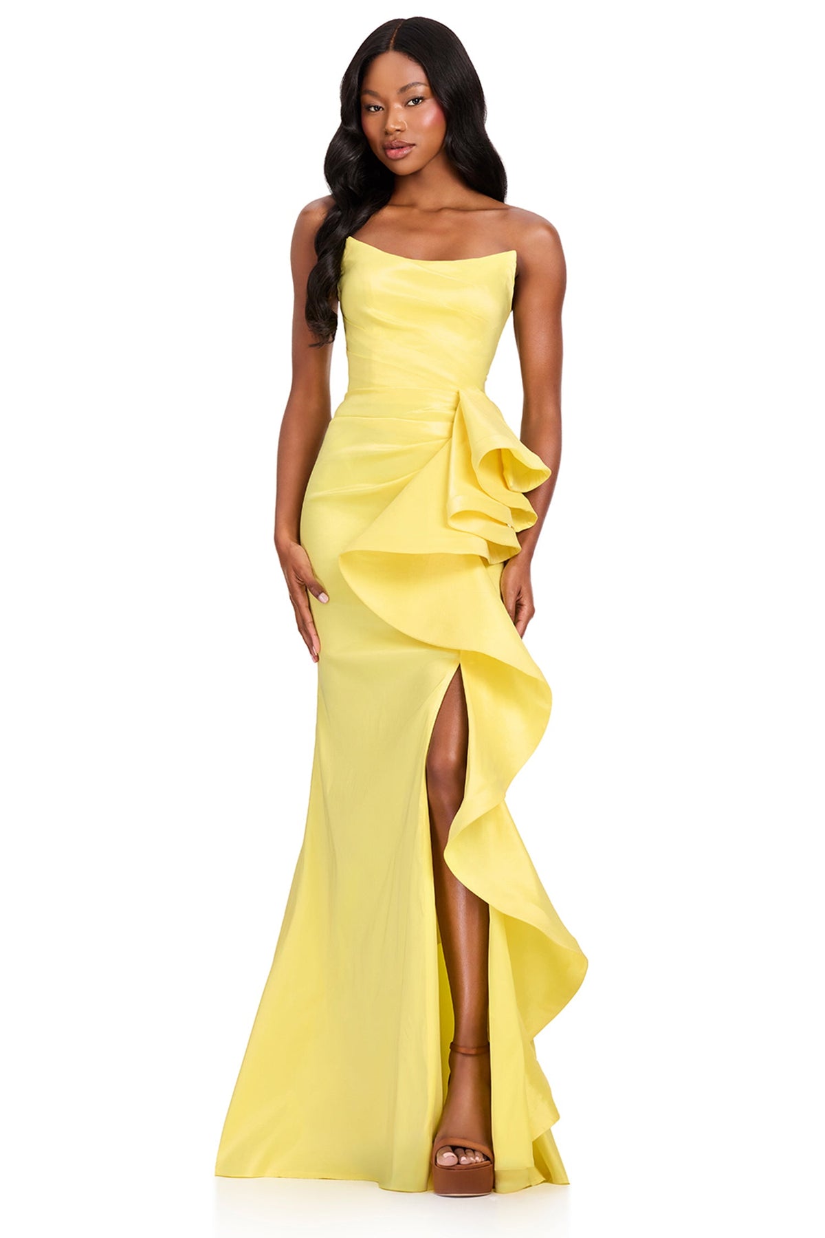 Ashley Lauren 12408 - Ruffle Detail Mermaid High Slit Prom Gown