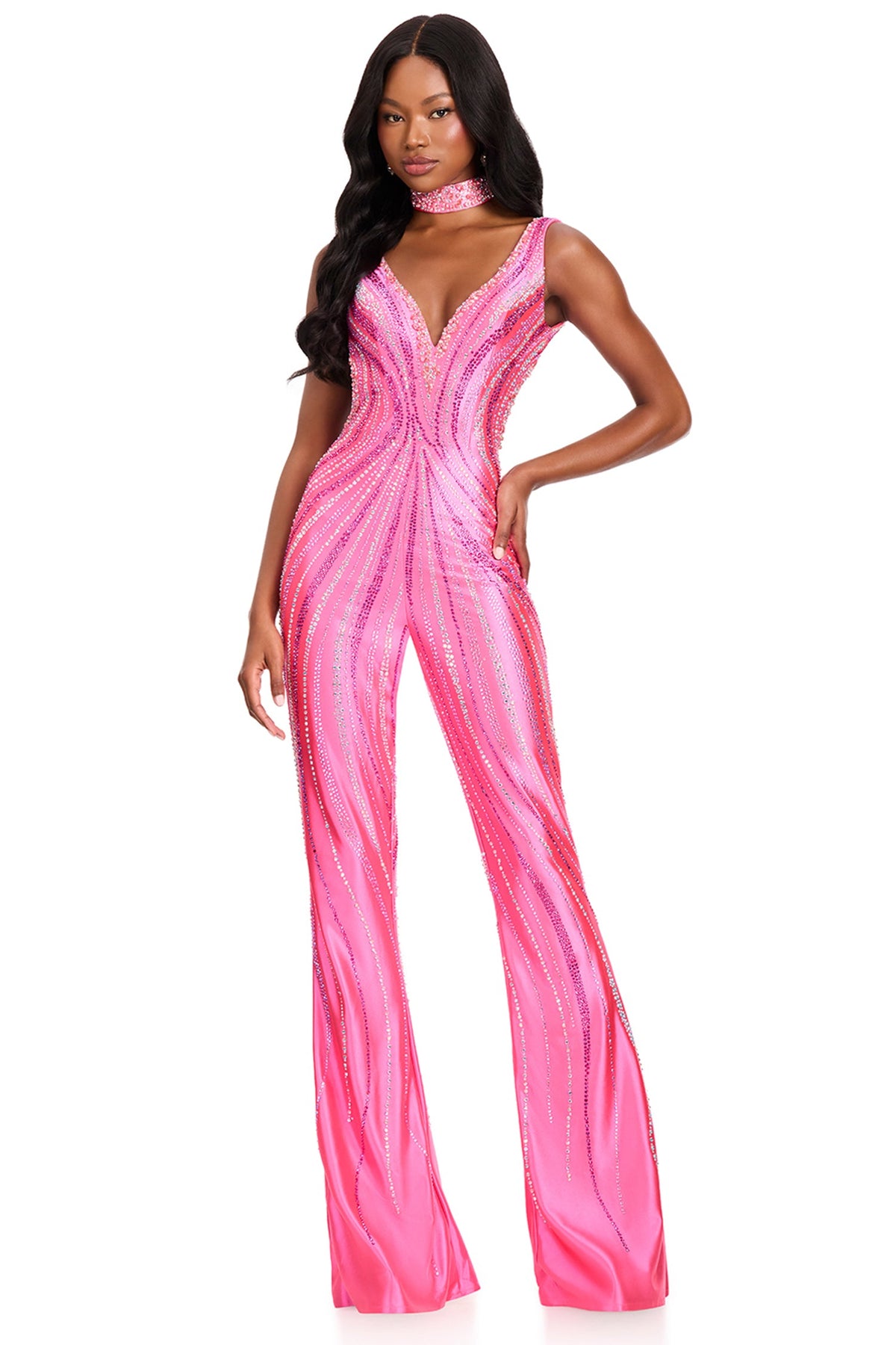 Ashley Lauren 12410 - V-Neckline Radiating Beaded Jumpsuit
