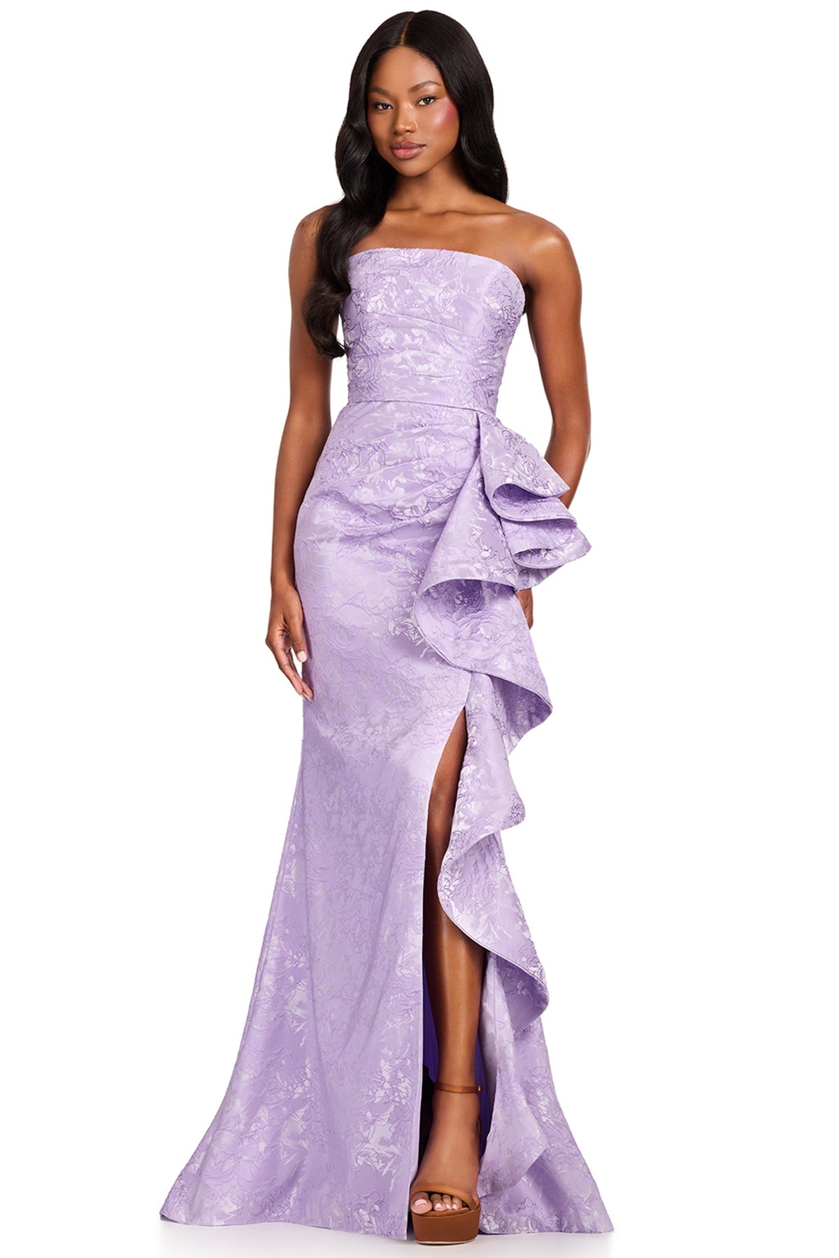 Ashley Lauren 12437 - Straight Across Floral Brocade Long Prom Gown