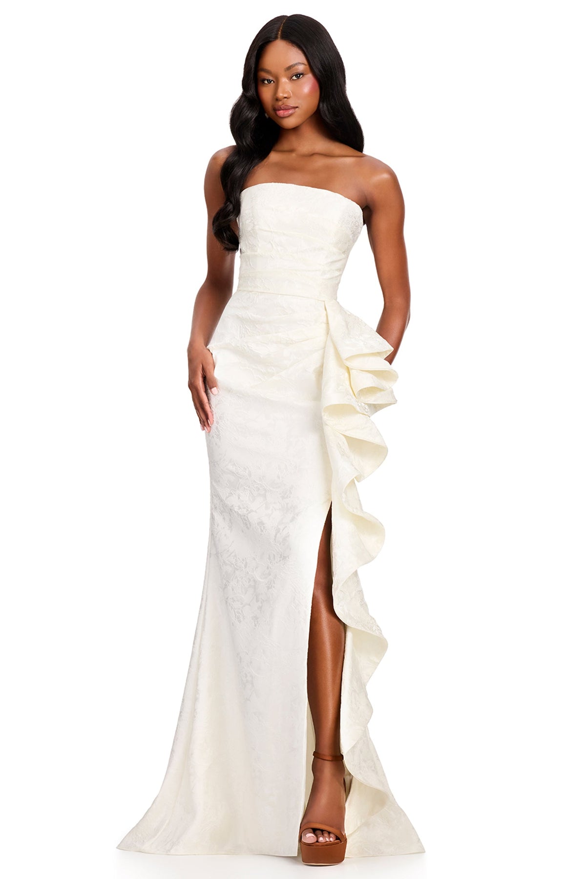 Ashley Lauren 12437 - Straight Across Floral Brocade Long Prom Gown