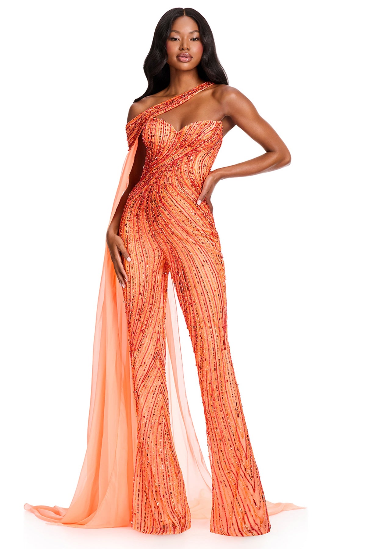 Ashley Lauren 12439 - Asymmetrical Intricate Beaded Jumpsuit