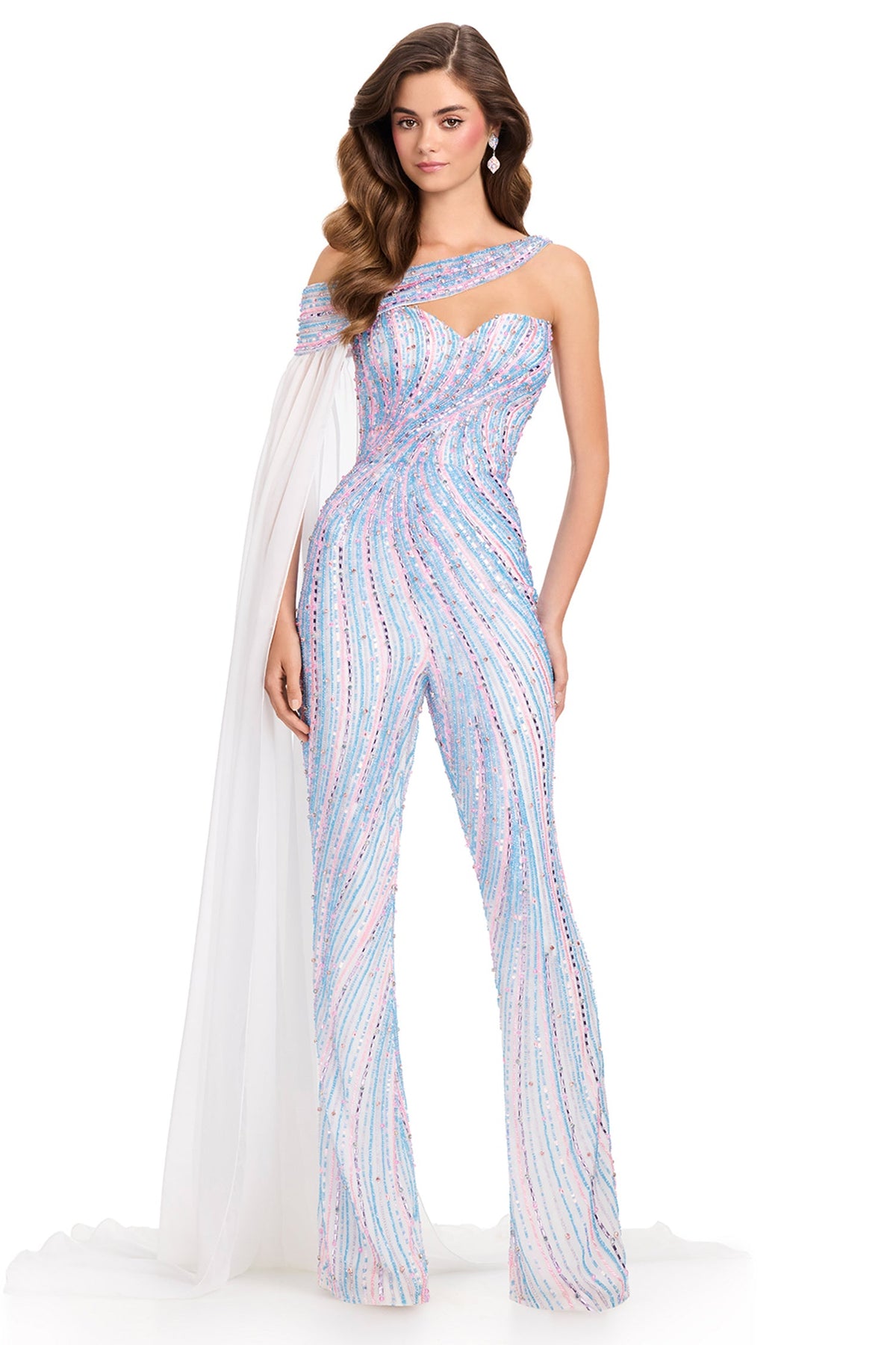 Ashley Lauren 12439 - Asymmetrical Intricate Beaded Jumpsuit