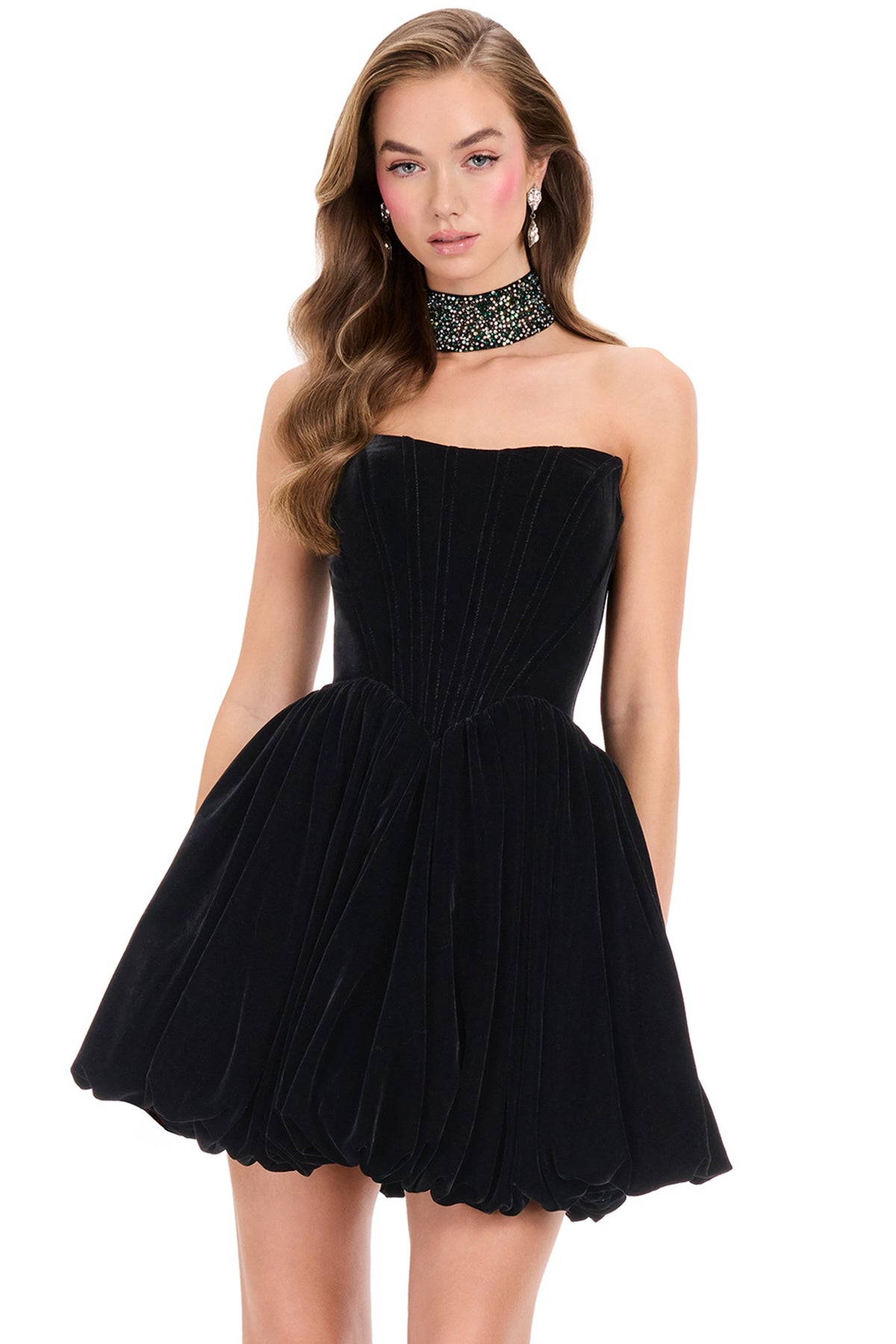 Ashley Lauren 40033 - Beaded Choker Strapless Velvet Cocktail Dress