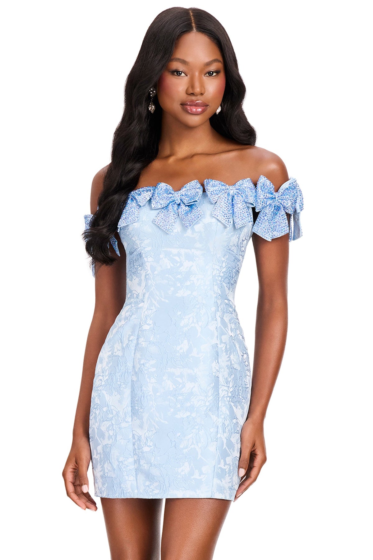 Ashley Lauren 40074 - Off Shoulder Crystal Bow Fitted Cocktail Dress
