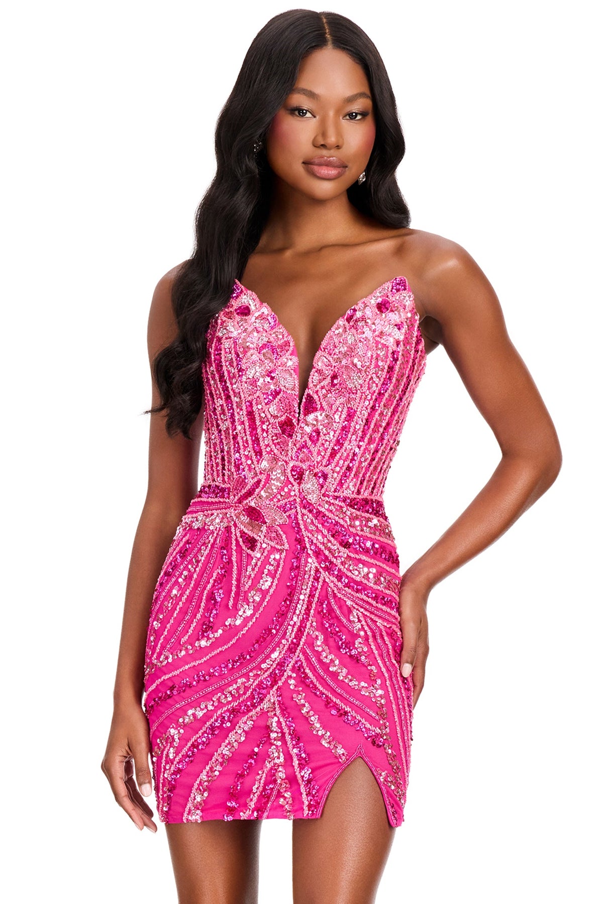 Ashley Lauren 40096 - Plunging V-Neck Sparkling Beaded Cocktail Dress