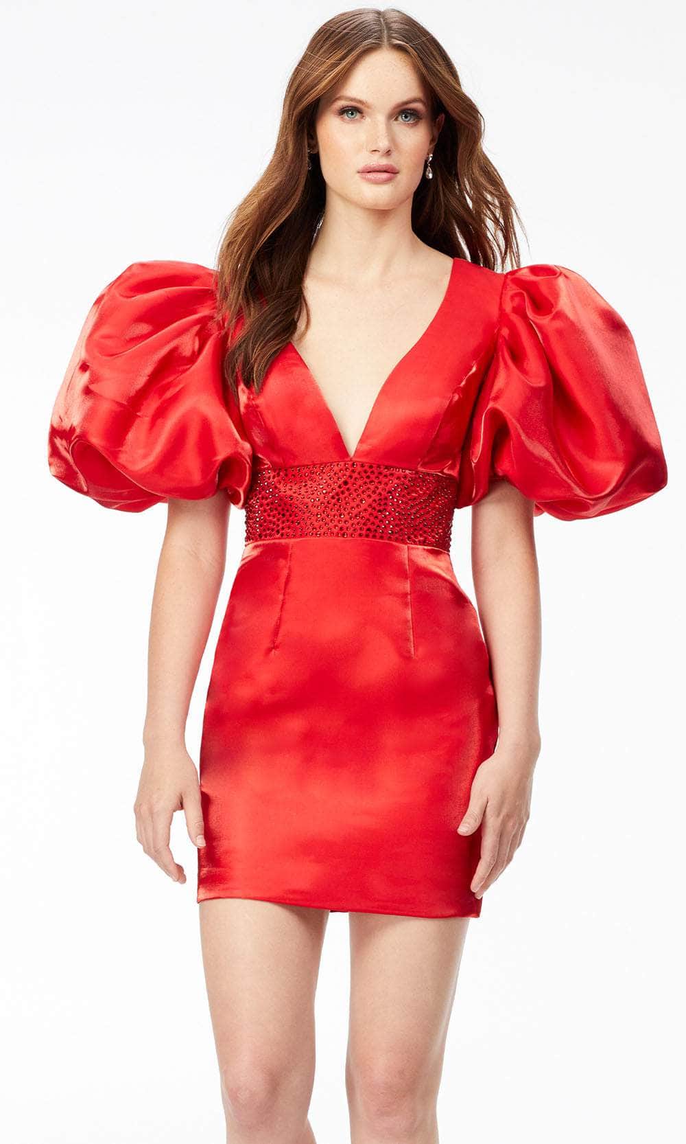 Ashley Lauren 4549 - Oversized Puffed Sleeves Cocktail Dress In Red