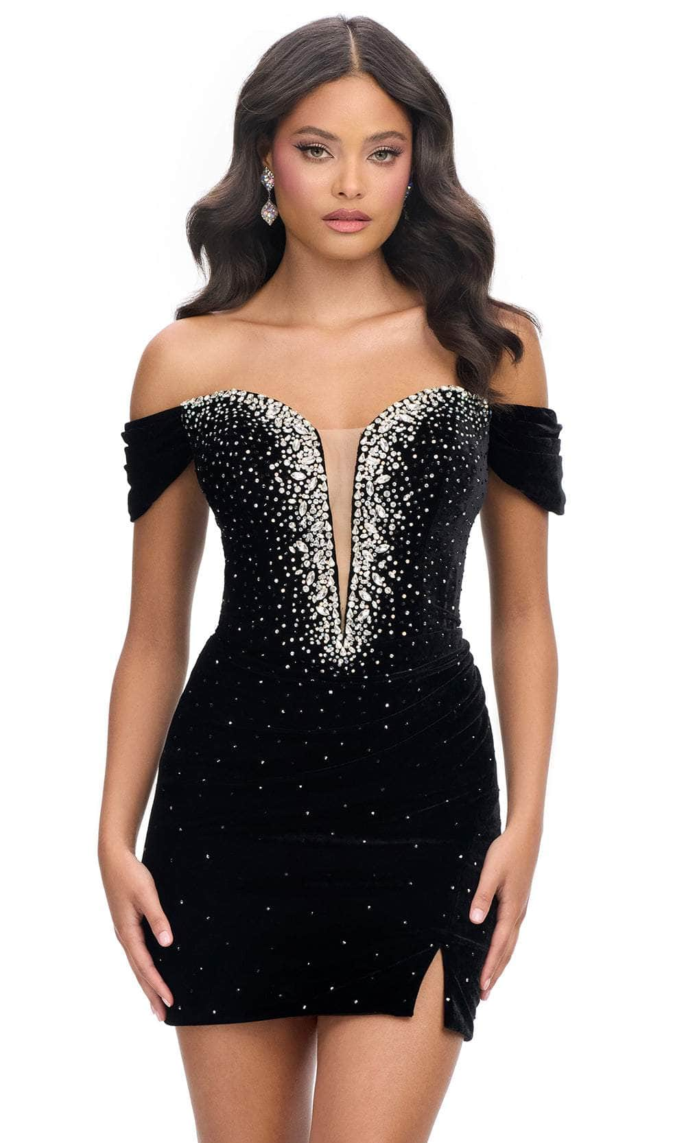 Ashley Lauren 4711 - Rhinestone Off-Shoulder Cocktail Dress Homecoming Dresses 00 / Black