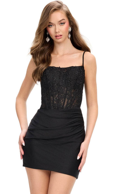 Ashley Lauren 4738 - Spaghetti Strap Corset Cocktail Dress Homecoming Dresses 00 / Black