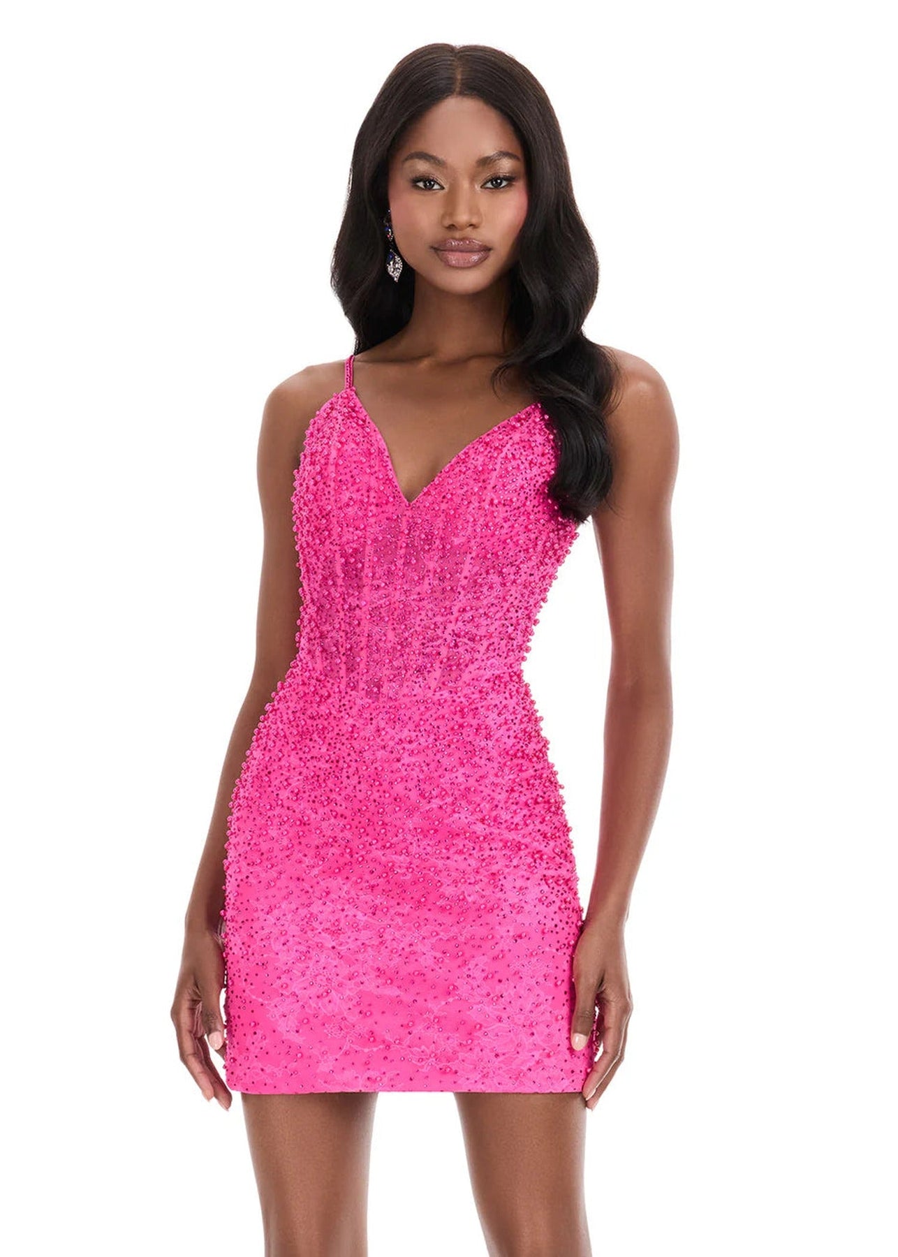 Ashley Lauren 4925 V Neck Pearl Mini Dress
