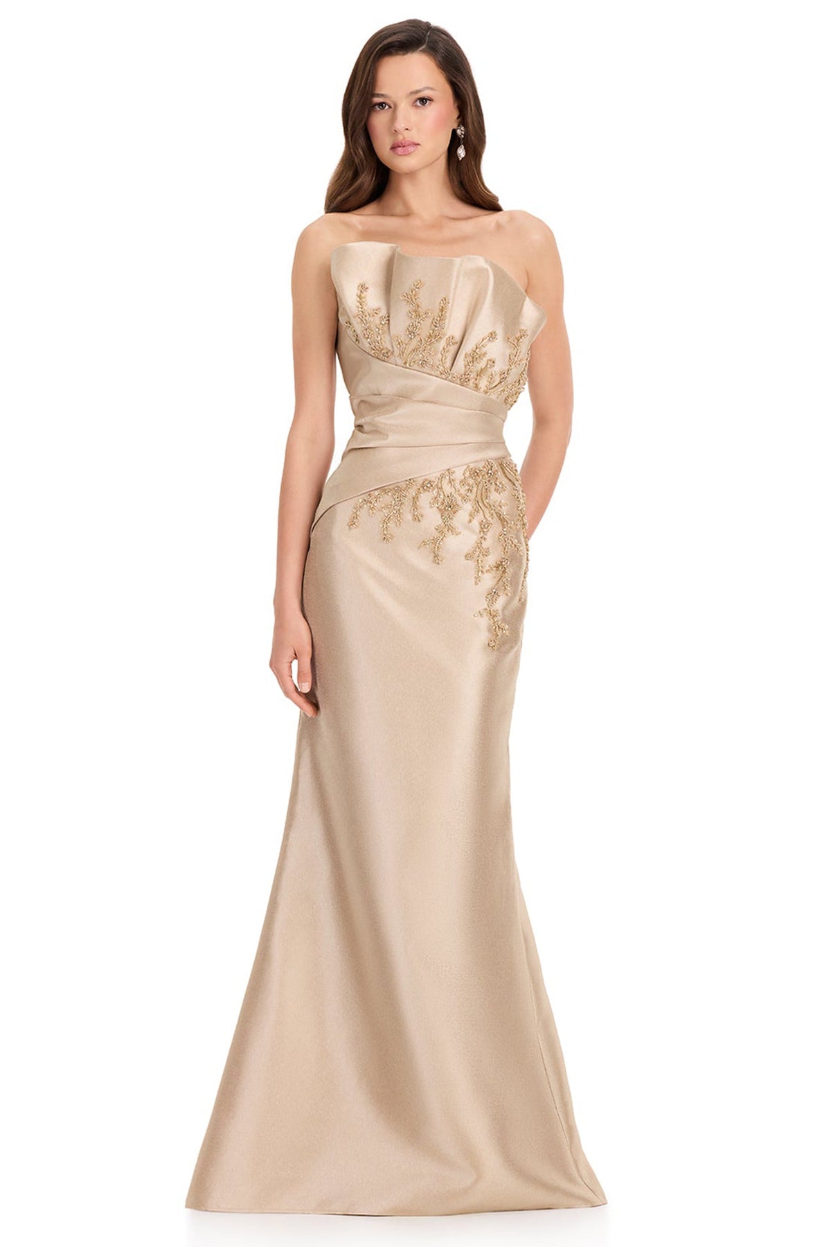 Ashley Lauren E12361 Pleated Waist Embellished Mermaid Prom Gown